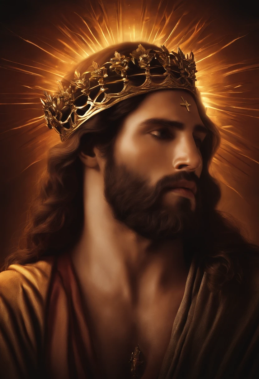 imagem no formato 16:9 with 2048x1024 resolution depicting a scene with Jesus Christ wearing a crown of thorns on his head. The image must be moving and convey the message of sacrifice and redemption. Make sure the expression on Jesus' face reflects compassion and love."