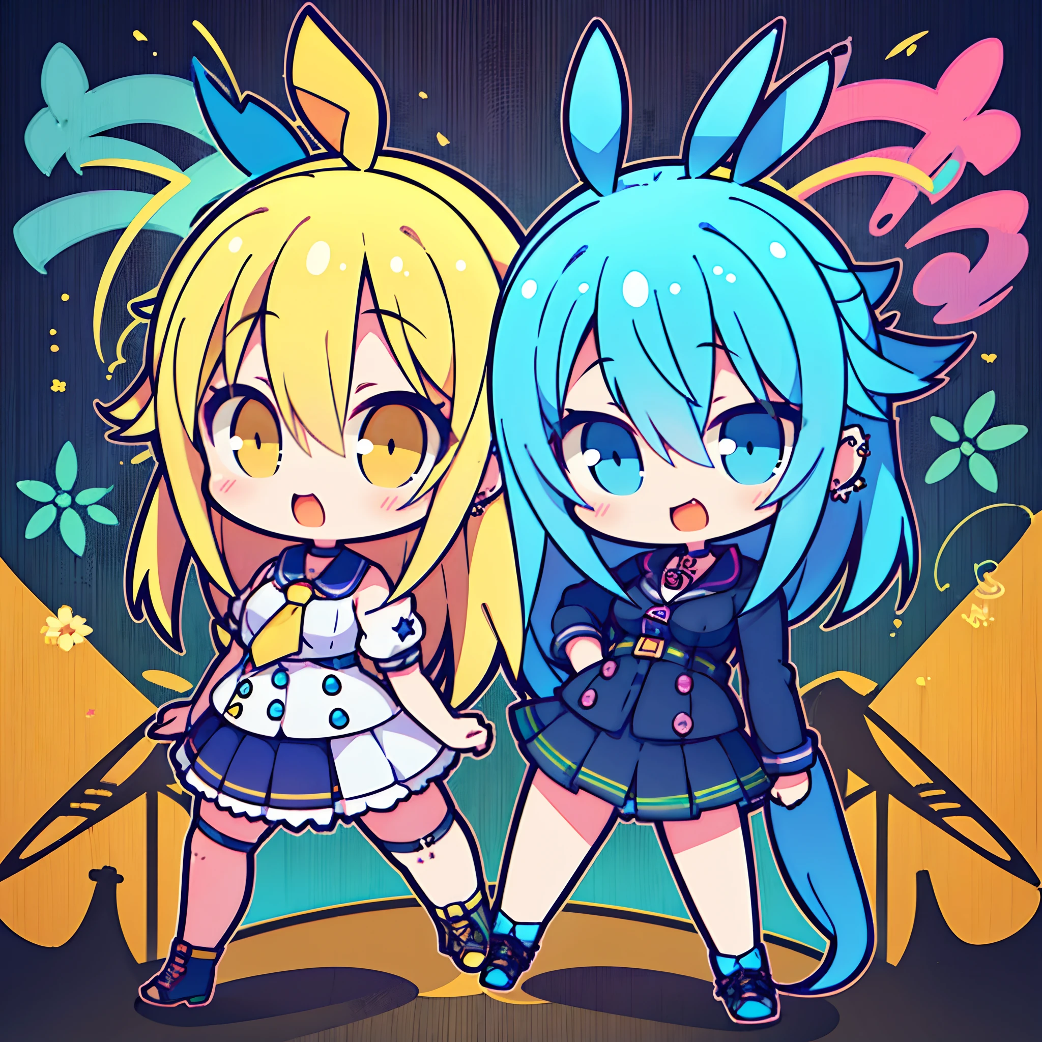 (2 girls) The cutest chibi bunny girls, (1 girl blonde hair, blue eyes) (1 girl rainbow hair, yellow eyes) wearing highly detailed trendy punk rock clothing, tattoos and piercings, finely detailed graffiti background, cherry blossoms blowing in the wind, perfect masterpiece, high quality, high resolution