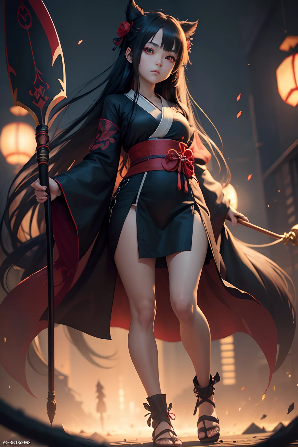 2D, masutepiece, Best Quality, Anime, Highly detailed face, Highly detailed eyes, No background, Perfect Lighting, girl with, stright long hair, Dark hair, Red eyes, Skull long wand, Spirits Behind, Black kimono, Hanging eyes, Full body drawing, With a long cane, geta, Adult beauties