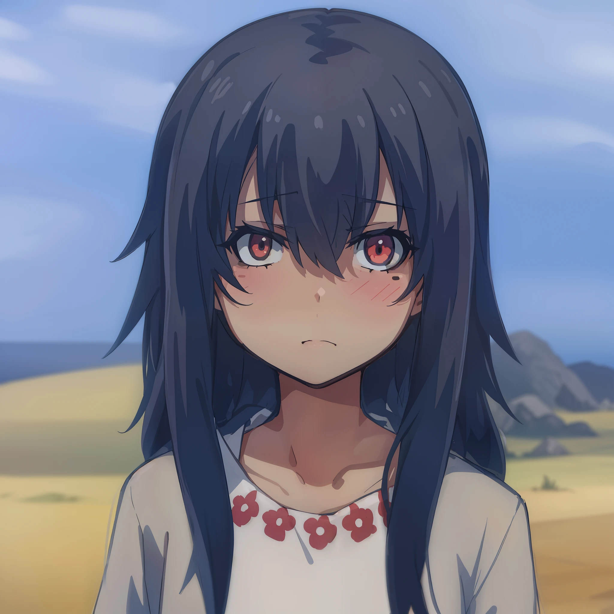A girl. indian. red patterns on the face. suntanned skin. disheveled hair. Native American clothing. dark colored hair. calm face. Narrow mouth against the background of the steppe