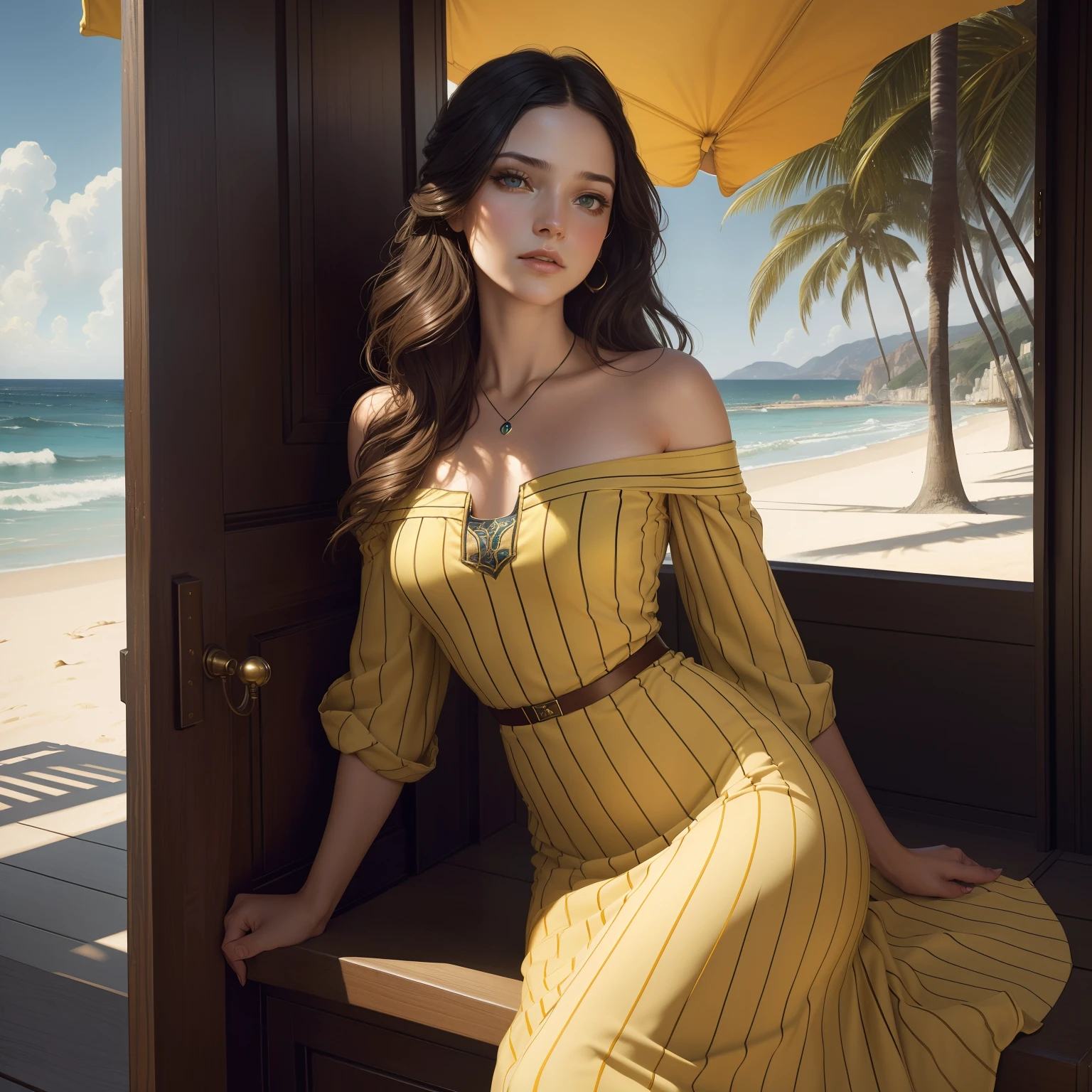 lndswgnr, (Sharp Focus: 1.5), (Sharp Focus:1.2), Portrait, attractive young woman, (Beautiful face:1.1), Detailed eyes, luscious lips, (eye make up:1.2), (tight body:1.2), Wearing (yellow striped 1980s dress:1.2) で (the beach:1.2). (morning sun lighting:1.2), depth of fields, Bokeh, 4K, nffsw. in door (by James C. Christensen:1.2|Jeremy Lipking:1.1).
