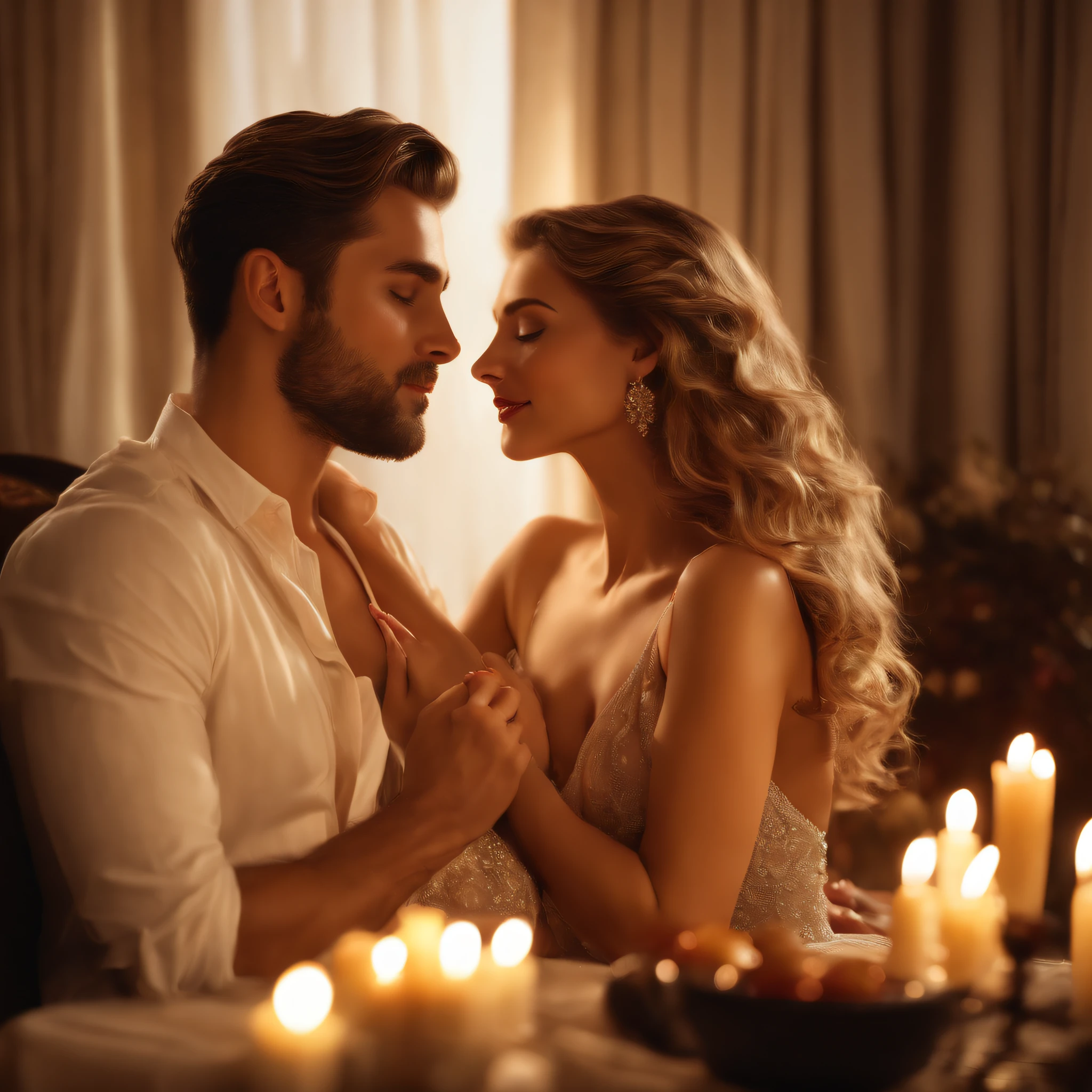 (best quality,4k,8k,highres,masterpiece:1.2),ultra-detailed,(realistic,photorealistic,photo-realistic:1.37), romantic scene, blonde woman passionately kissing brown-haired man, intimate ambience, candlelight, sensual moment, tender embrace, after dinner, cozy living room, elegant furniture, dimly lit, warm colors, soft music playing, loving gaze, affectionate touch, emotional connection, desire in their eyes, delicate features, beautiful detailed lips, alluring expression, tousled hair, gentle caress, provocative pose, charming smiles, passionate energy, relaxation, physical attraction, attractive attire, revealing outfits.