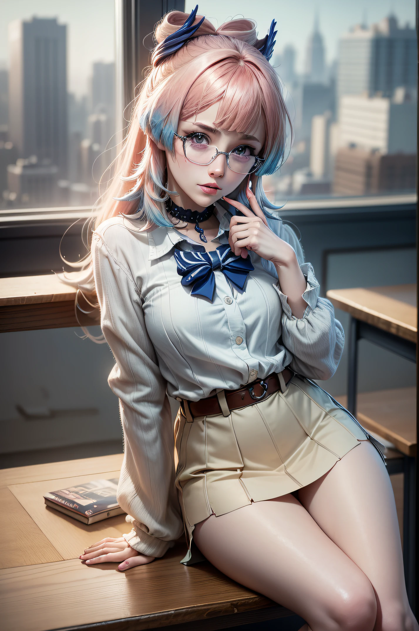 Masterpiece, Best Quality, Ultra Detailed, hyper realistic, photo,Delicate pattern, Detailed background, Completely uncensored, Cowboy shot, japanaese girl, classroom, school uniform, loose collar, upskirt, Looking at the glasses, Hair between the eyes, pink hair Raise your index finger and one hand on your thigh, Angry with puffy cheeks, From directly above, leaning forward, Appearance of the model, confusion, sexuality, Cute beautiful anime woman, detailed digital anime art, beautiful anime girl, beautiful anime girl, Anime with small details, Best Quality, Masterpiece, Ultra-detailed, Beautiful, hight resolution, Original,CG 8K ультрареалистичный, perfect artwork, beatiful face, Face Clean, Skin, hyper realistic, Ultra Detailed, A detailed eye, dramatic  lighting, (Realistic) Realistic, Full HD, Best Quality, Best Quality, Beautiful lighting, (8k wallpaper of extremely detailed CG unit), High Details, sharp-focus, The art of dramatic and photorealistic painting, beautiful smile, little chest,