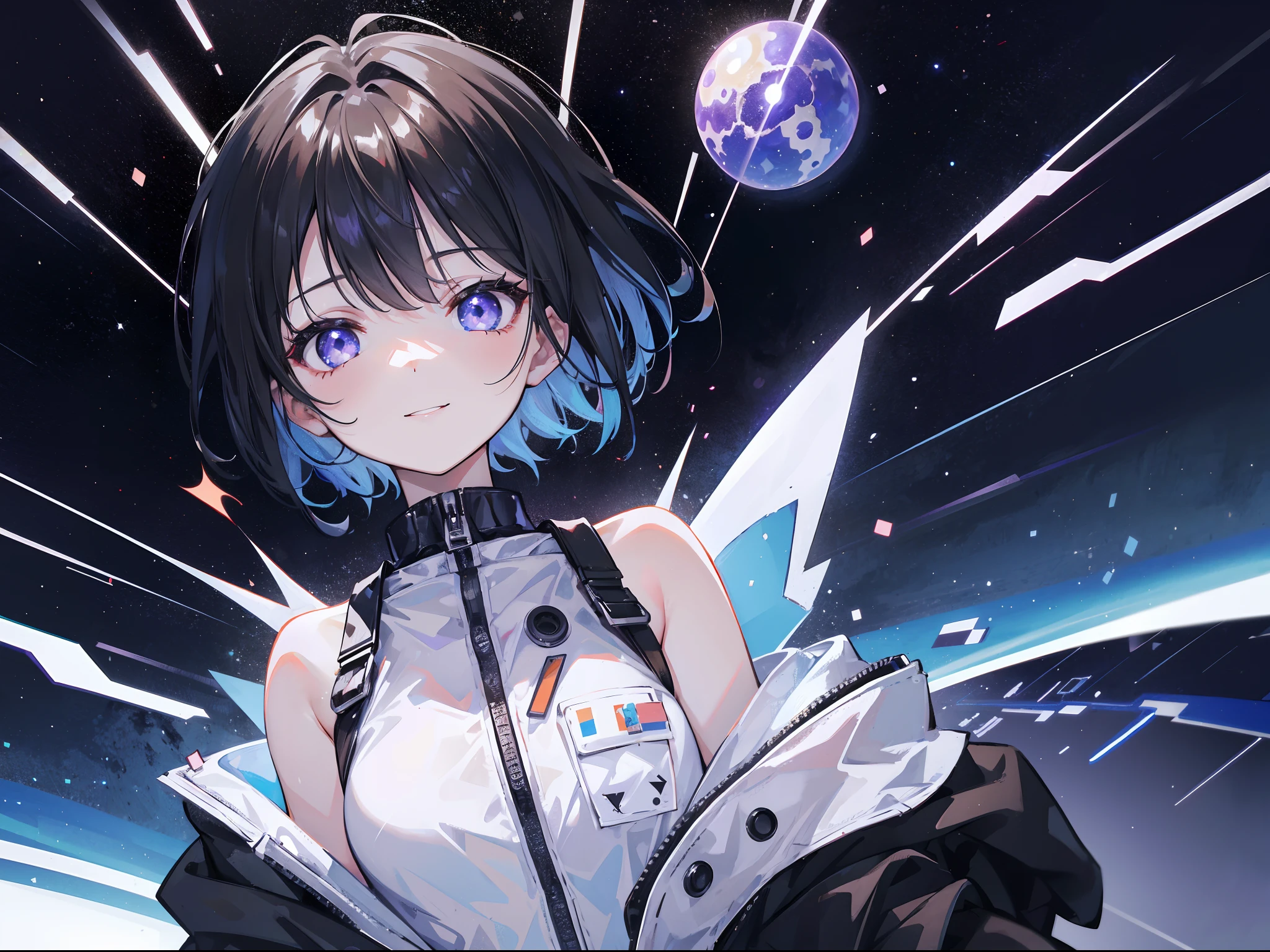 1girl, 1boy, the girl: purble galaxy eyes, black glow short hair like stars, happy expression, white astronaut outfit without helmet, showing hands; the boy: black eyes, black and orange short hair like a black hole, smiling, looking away, black astronaut outfit without helmet; space, planets, absurdres, dynamic, great composition, emotive, beautyful lightning, high res, ultrasharp, 8K, masterpiece, looking at viewer(girl)