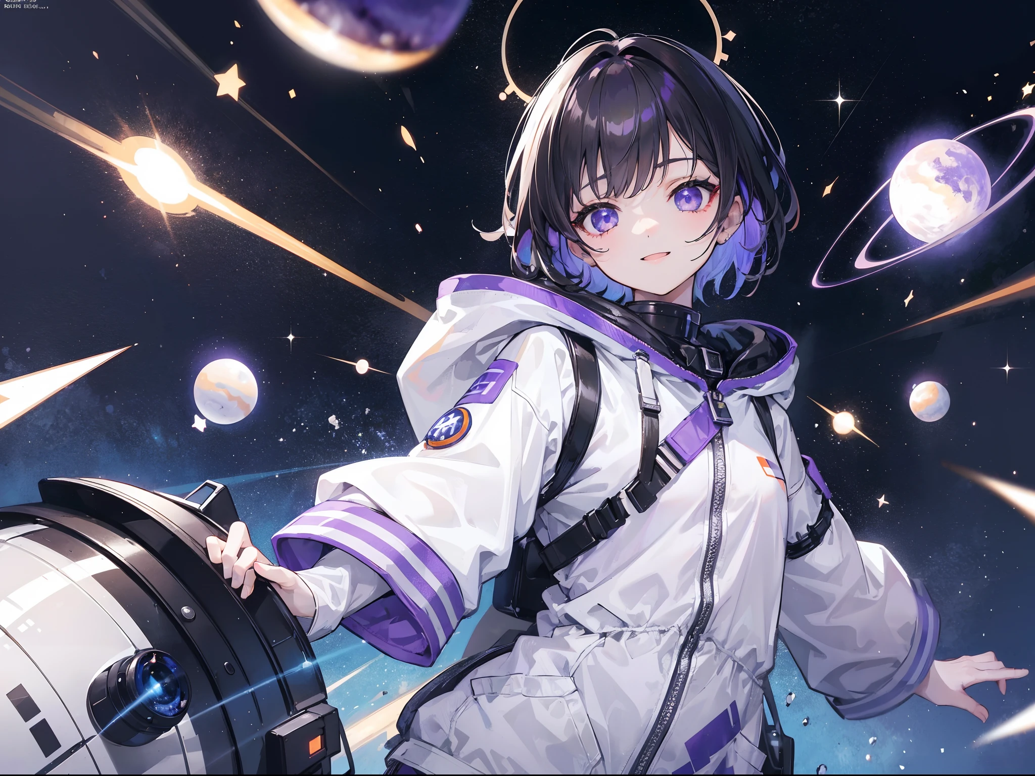 1girl, 1boy, the girl: purble galaxy eyes, black glow short hair like stars, happy expression, white astronaut outfit without helmet, showing hands; the boy: black eyes, black and orange short hair like a black hole, smiling, looking away, black astronaut outfit without helmet; space, planets, absurdres, dynamic, great composition, emotive, beautyful lightning, high res, good anatomy, ultrasharp, 8K, masterpiece, looking at viewer(girl)