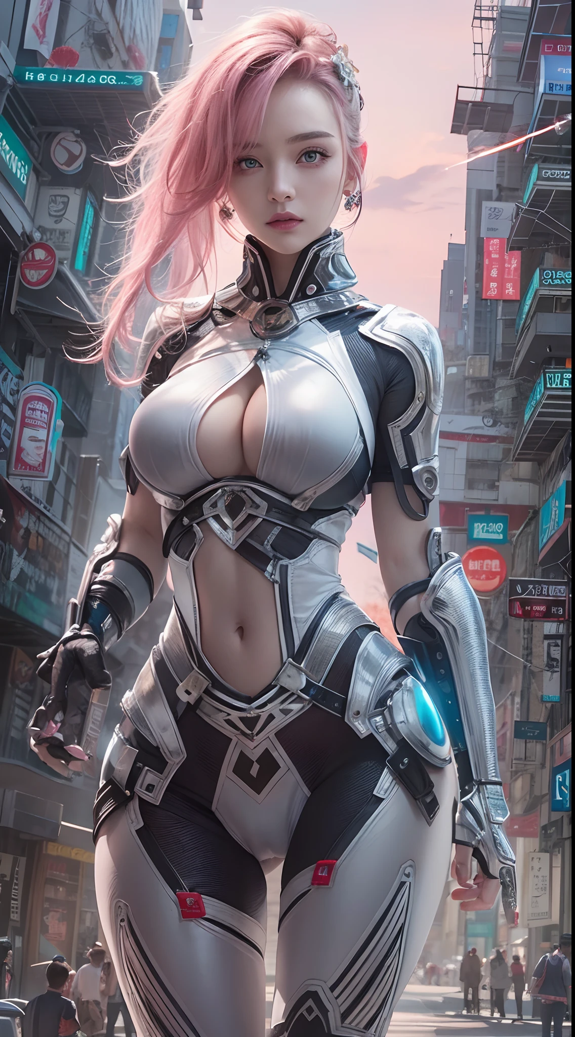masterpiece, 1 beautiful girl, Detailed eye, Swollen eyes, top-quality, 超A high resolution, (reality: 1.4), 电影灯光, very extremely beautiful, Beautiful skins, A slender, Forward-facing body, (A hyper-realistic), (hight resolution), (8K), (ighly detailed), ( Best Illustration), (beautifully detailed eyes), (ultra-detailliert), 详细的脸, Bright lighting, Professional Lighting、the most beautiful and sexy cyberpunk girl, pink hair, blue eyes, dark african skin, wearing incredibly detailed futuristic cyberpunk battle armor, huge enormous gigantic nude tits and nipples exposed, tons of tattoos and piercings, in hyper futuristic city metropolis, cherry blossoms blowing in the wind, cinematic, incredibly perfect masterpiece, high quality, high resolution