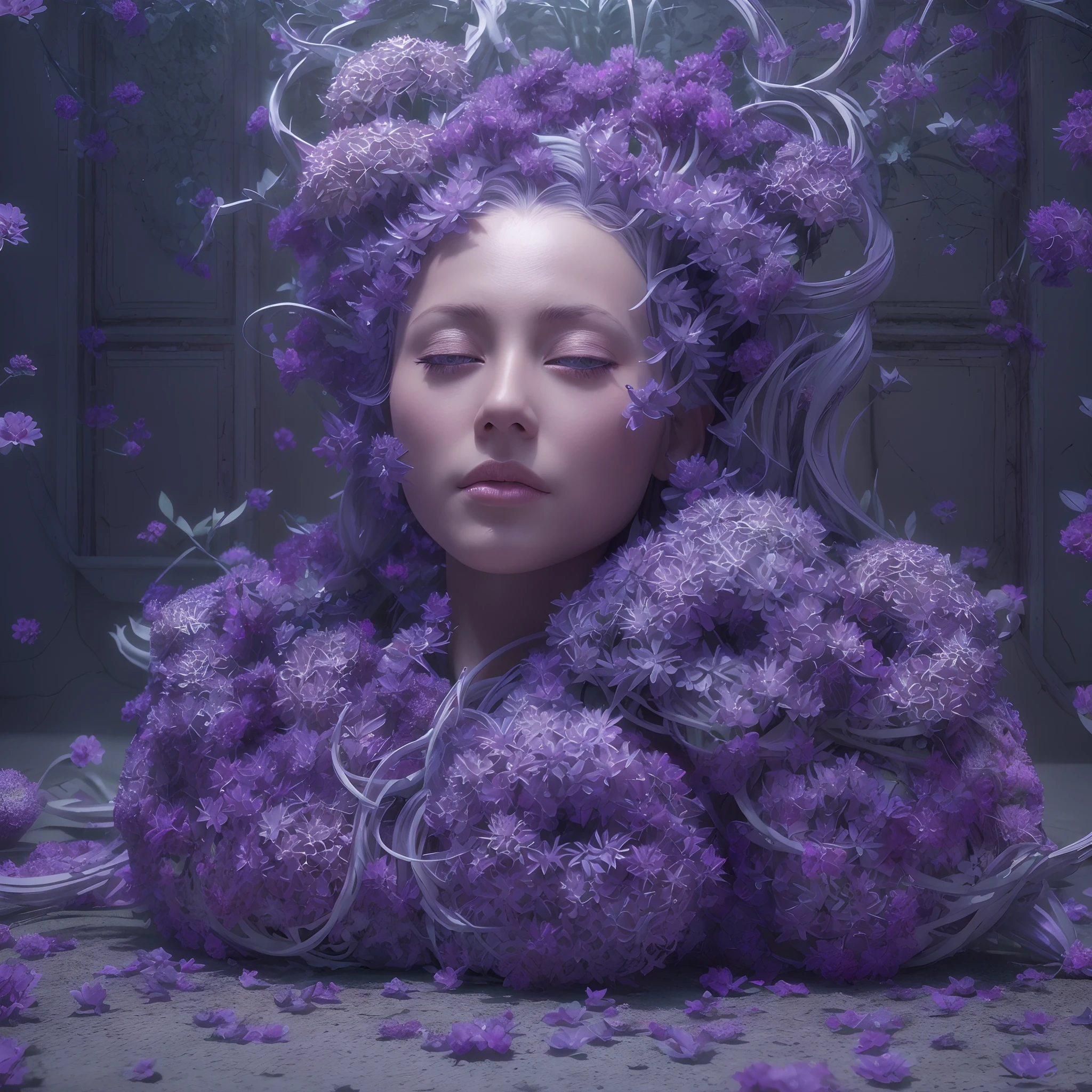 Incredibly spectacular scenes, ((high quality)), ((details)), ((photoreal)), purple plasma brain, purple plasma beauty (upper body only), torso stuck to the floor. Top quality, 4K, realistic flowers trapped in blisters. Portrait, image quality (3D rendering effect), exquisite details, half of the face is mechanical. android, artificial intelligence