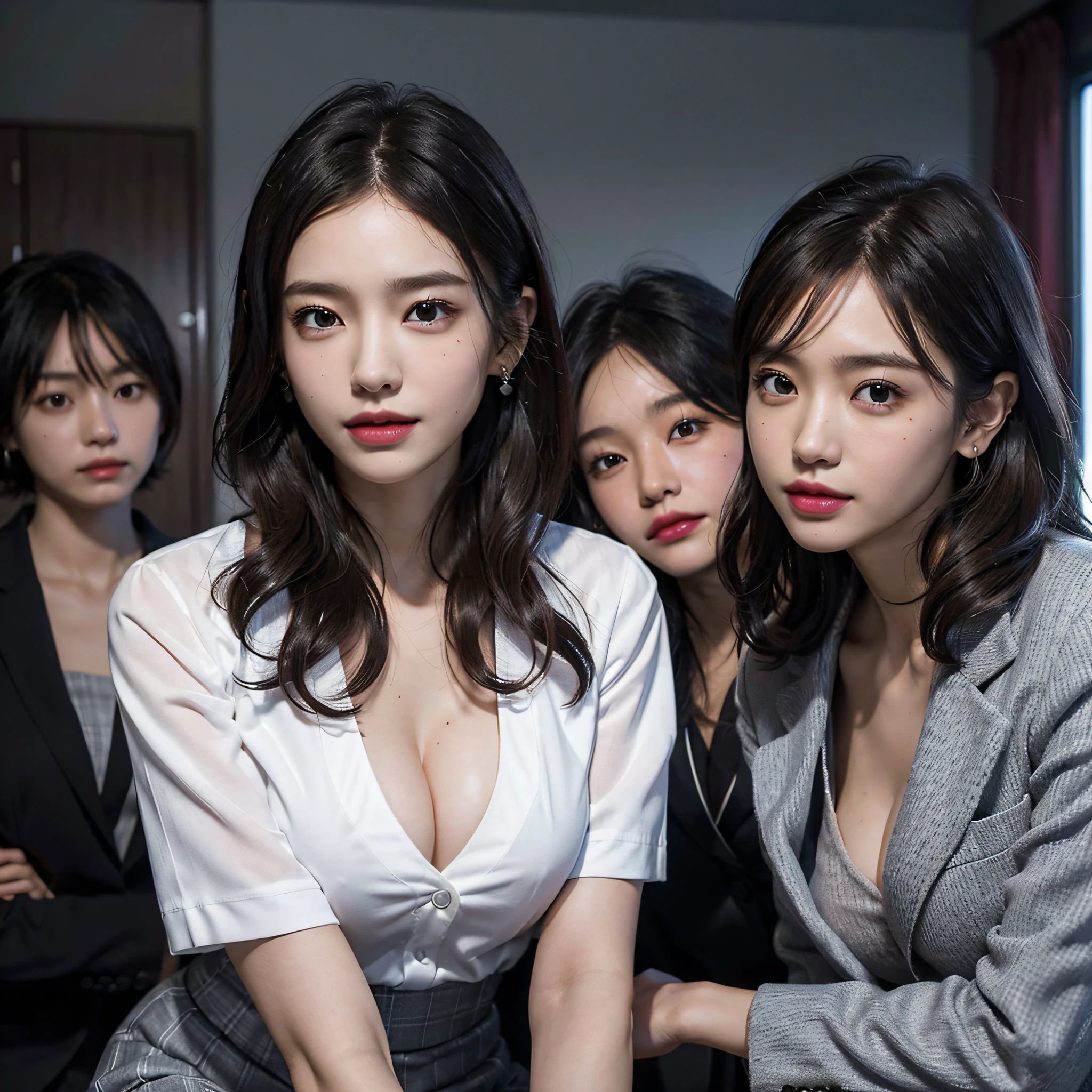 absurdres, RAW photo, extremely delicate and beautiful, masterpiece, Best Quality, ultra high resolution, 16k, hyperrealistic, ultra-detailed, Very detailed CG 8k wallpaper, Beautiful Lighting, Perfect Lightning, Realistic Shadows, perfect anatomy, super Detailed skin, perfect figure, Japanese woman, late 20s, very Slim body, narrow waist, very small head, handsome detailed woman, very detailed eyes and face, realistic face proportions, Stunning detailed eyes, Realistic beautiful face, very small face, Realistic small beautiful eyes, double eyelids, makeup, tearful mole, mole on chest, earring, bare legs, beautiful and very thin legs, beautiful and very thin thighs, (very huge round breasts:1.3), short hair, wavy hair, sweat, (3 girls:1.5), (office lady suit:1.3), (skirt suit), (suit jacket), (dress shirt),