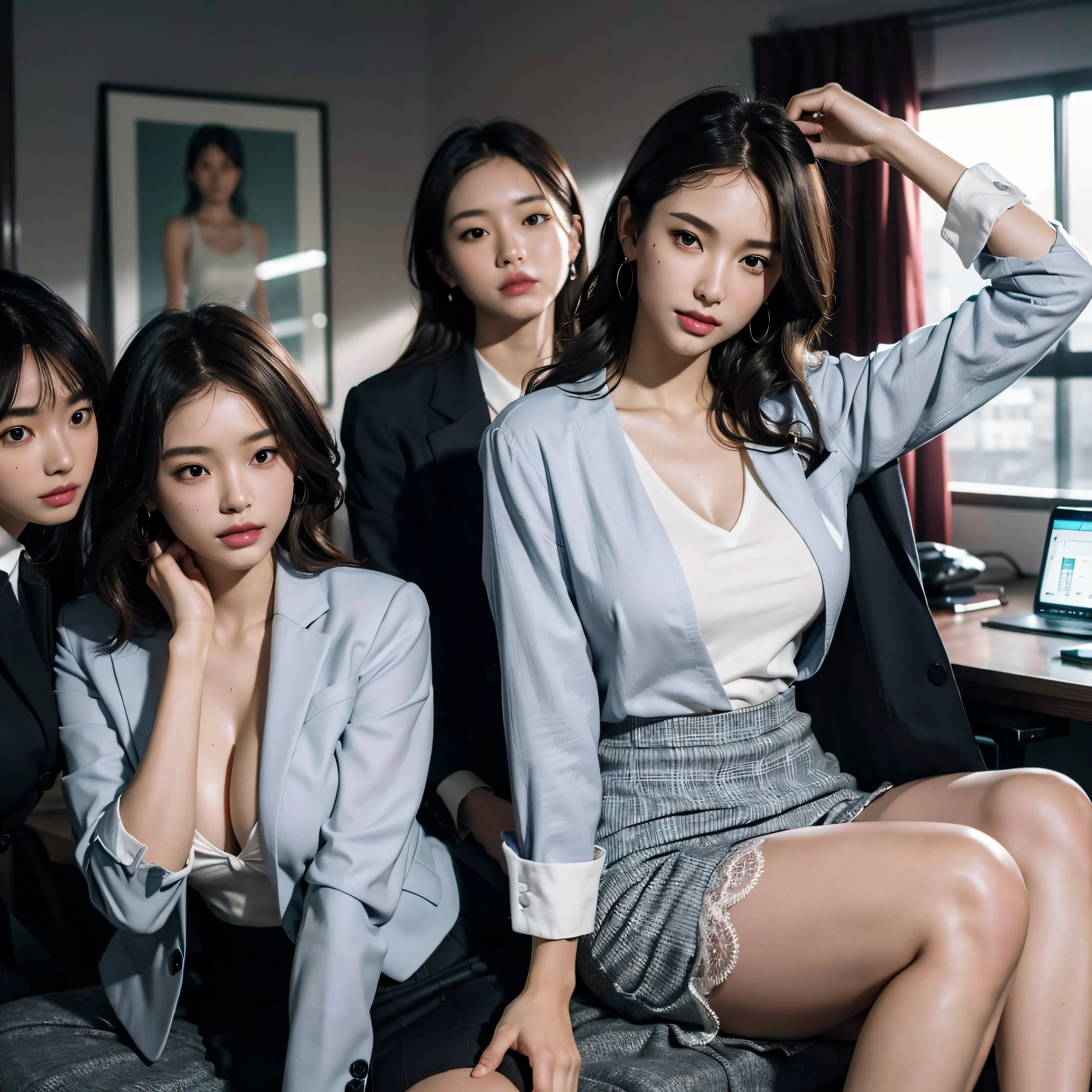 absurdres, RAW photo, extremely delicate and beautiful, masterpiece, Best Quality, ultra high resolution, 16k, hyperrealistic, ultra-detailed, Very detailed CG 8k wallpaper, Beautiful Lighting, Perfect Lightning, Realistic Shadows, perfect anatomy, super Detailed skin, perfect figure, Japanese woman, late 20s, very Slim body, narrow waist, very small head, handsome detailed woman, very detailed eyes and face, realistic face proportions, Stunning detailed eyes, Realistic beautiful face, very small face, Realistic small beautiful eyes, double eyelids, makeup, tearful mole, mole on chest, earring, bare legs, beautiful and very thin legs, beautiful and very thin thighs, (very huge round breasts:1.3), short hair, wavy hair, sweat, (3 girls:1.5), (office lady suit:1.3), (skirt suit), (suit jacket), (dress shirt),