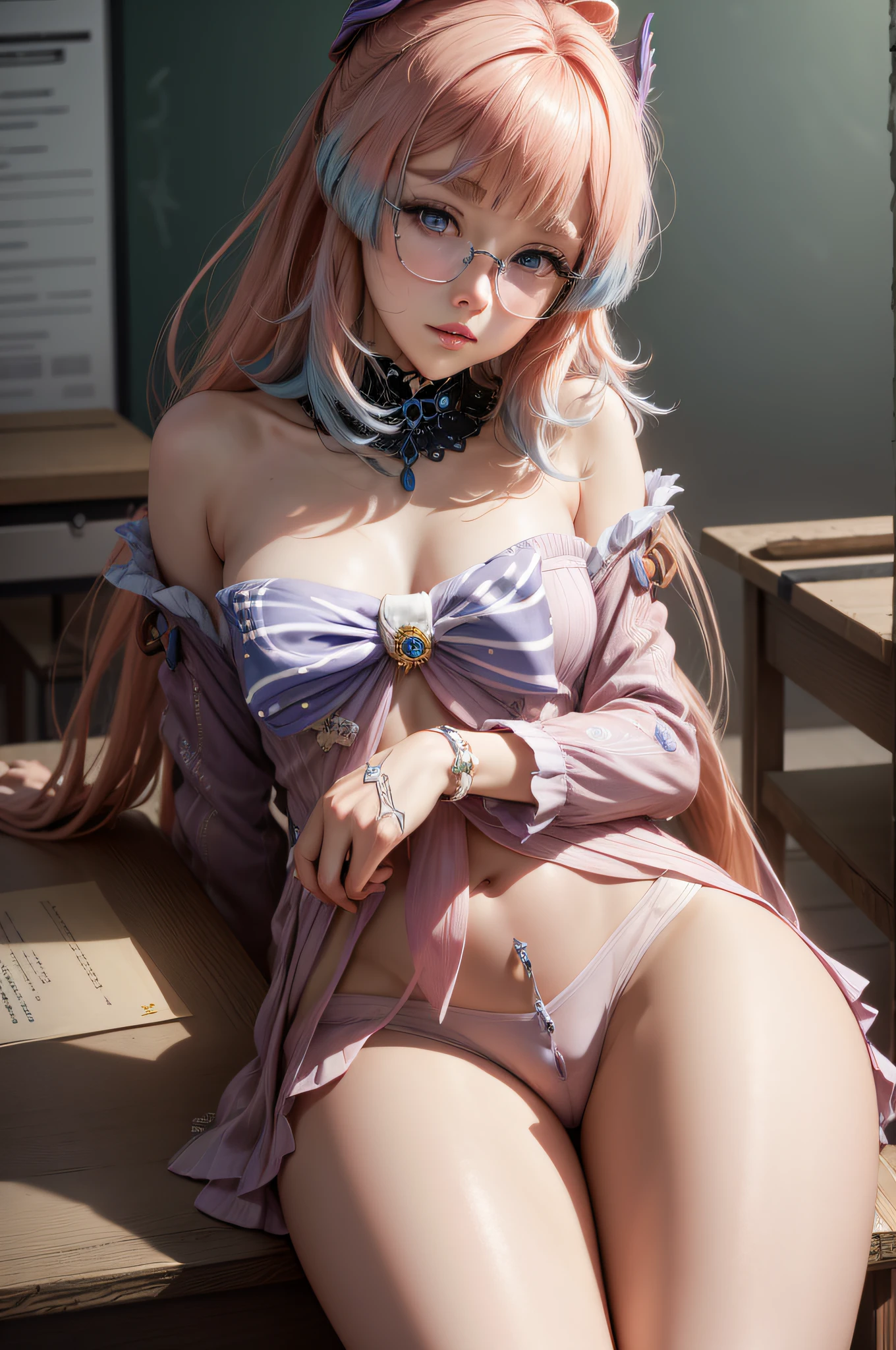 Masterpiece, Best Quality, Ultra Detailed, hyper realistic, photo,Delicate pattern, Detailed background, Completely uncensored, Cowboy shot, japanaese girl, classroom, school uniform, loose collar, upskirt, Looking at the glasses, Hair between the eyes, pink hair Raise your index finger and one hand on your thigh, Angry with puffy cheeks, From directly above, leaning forward, Appearance of the model, confusion, sexuality, Cute beautiful anime woman, detailed digital anime art, beautiful anime girl, beautiful anime girl, Anime with small details, Best Quality, Masterpiece, Ultra-detailed, Beautiful, hight resolution, Original,CG 8K ультрареалистичный, perfect artwork, beatiful face, Face Clean, Skin, hyper realistic, Ultra Detailed, A detailed eye, dramatic lighting, (Realistic) Realistic, Full HD, Best Quality, Best Quality, Beautiful lighting, (8k wallpaper of extremely detailed CG unit), High Details, sharp-focus, The art of dramatic and photorealistic painting, beautiful smile, little chest,
