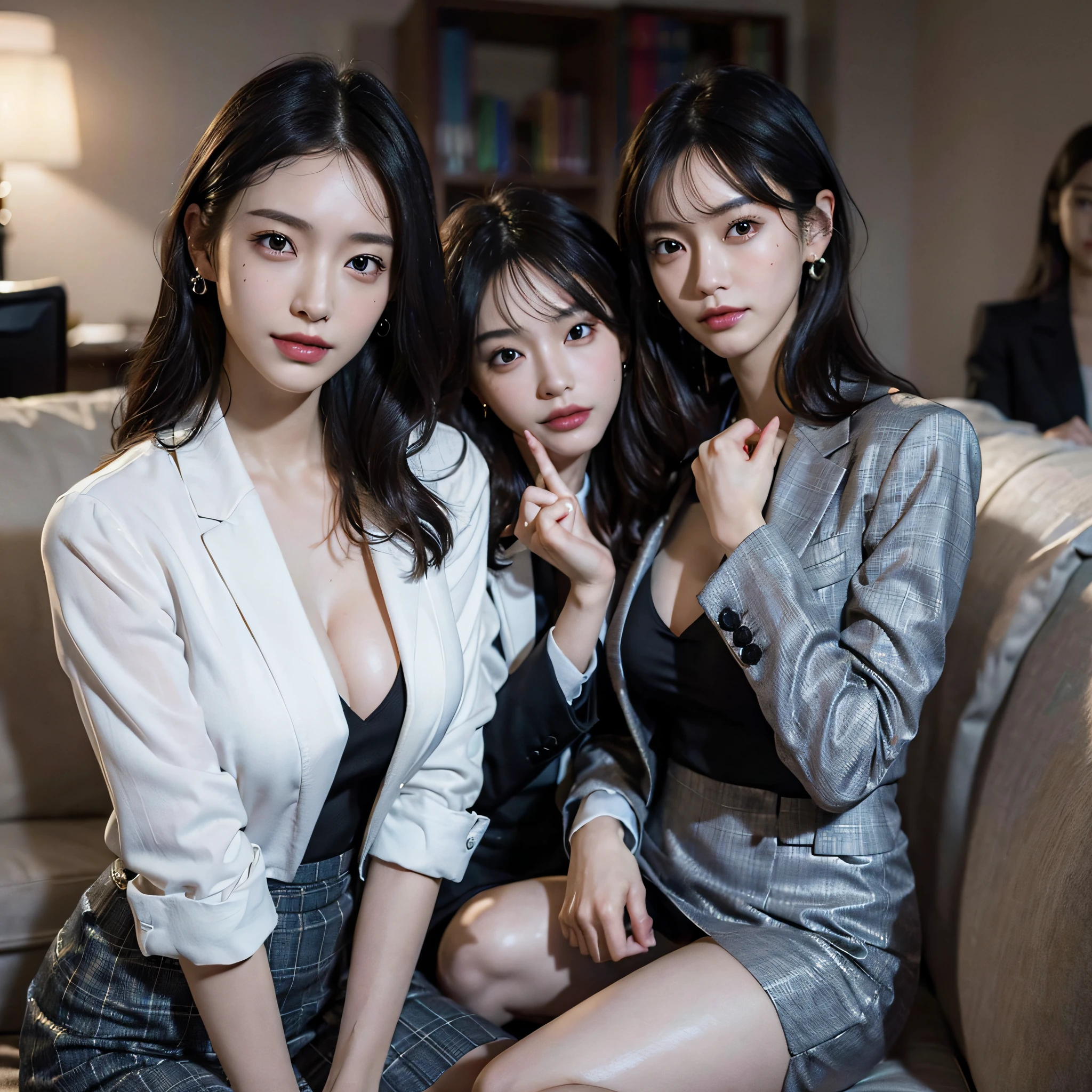 absurdres, RAW photo, extremely delicate and beautiful, masterpiece, Best Quality, ultra high resolution, 16k, hyperrealistic, ultra-detailed, Very detailed CG 8k wallpaper, Beautiful Lighting, Perfect Lightning, Realistic Shadows, perfect anatomy, super Detailed skin, perfect figure, Japanese woman, late 20s, very Slim body, narrow waist, very small head, handsome detailed woman, very detailed eyes and face, realistic face proportions, Stunning detailed eyes, Realistic beautiful face, very small face, Realistic small beautiful eyes, double eyelids, makeup, tearful mole, mole on chest, earring, bare legs, beautiful and very thin legs, beautiful and very thin thighs, (very huge round breasts:1.3), short hair, wavy hair, sweat, (3 girls:1.5), (office lady suit:1.3), (skirt suit), (suit jacket), (dress shirt),