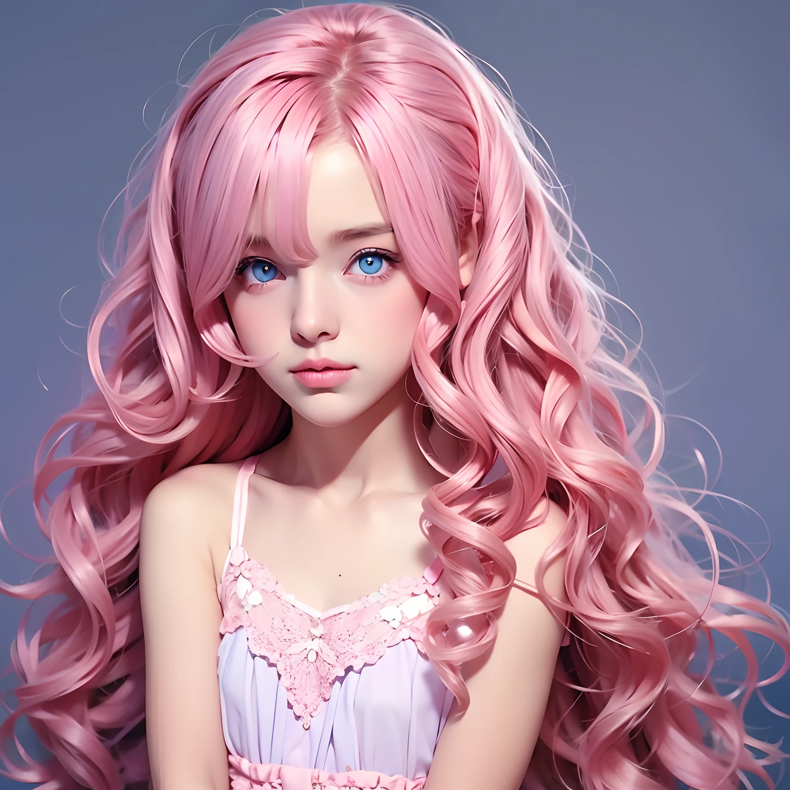Child, girl, long curly hair, pink hair, blue eyes, small chest, small, cute