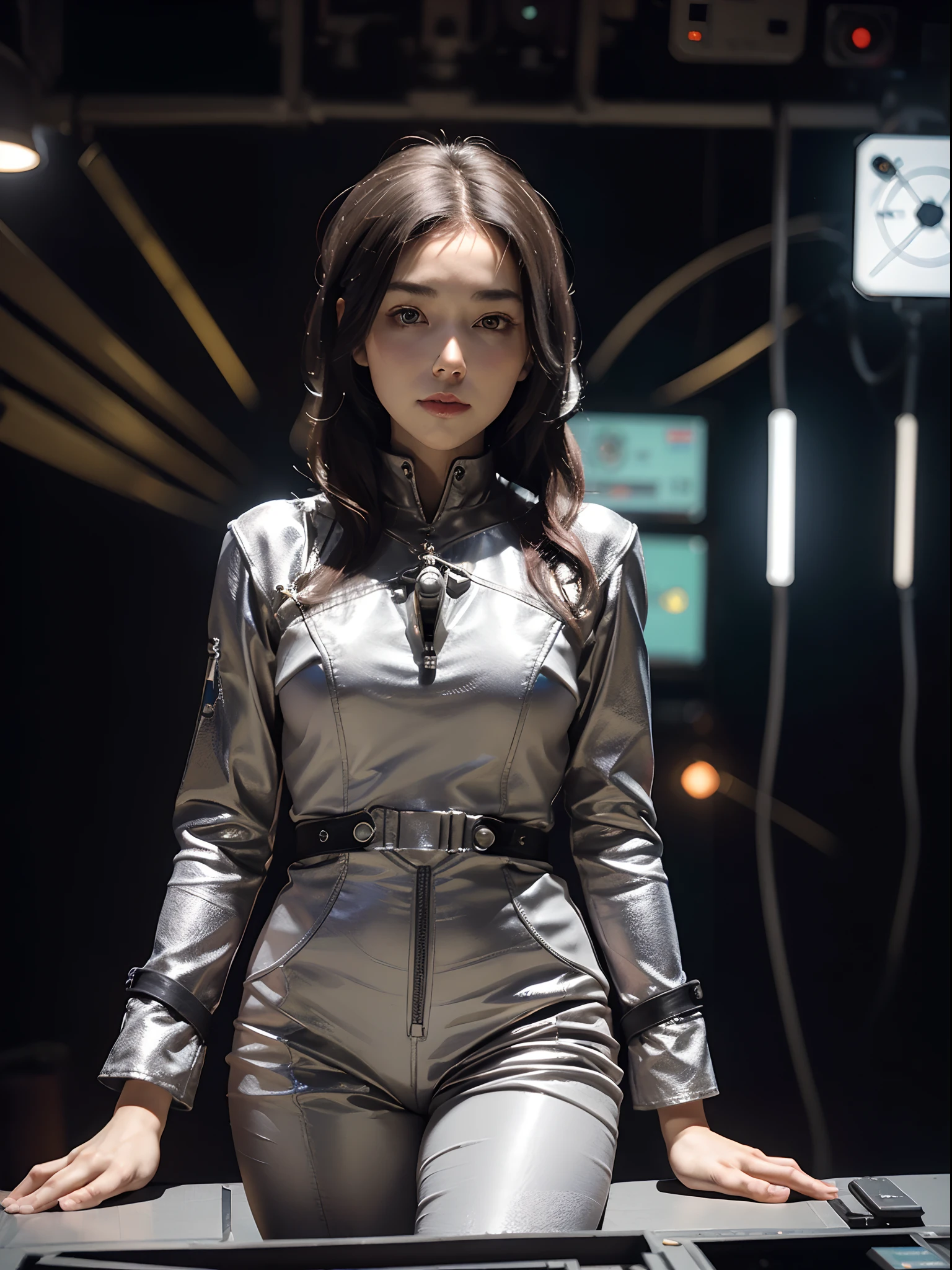 Outstanding picture quality, outstanding details, Ultra-high resolution, (Realism: 1.4), ((close up:0.75)), the best illustration, favor details, Highly concentrated for ung woman, beautiful and delicate face, Perfectly proportioned, (Slim:0.3, little chest), (Wear a tight-fitting suit, monolithic, monochrome silver Starfleet jumpsuit, Costume color: Metallic silver, The captain's bridge of the spaceship in the background, Spacecraft control panel,