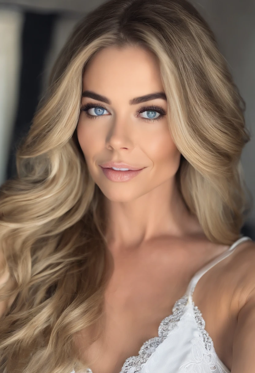 arafed frau voll , Sexy girl with blue eyes, ultra realistisch, Akribisch detailliert, Porträt Denise Richards, blonde hair and large eyes, Selfie einer jungen Frau, Bianka Helen, Augen im Schlafzimmer, ohne Make-up, Natural makeup, Blick direkt in die Kamera, Gesicht mit Artgram, dezentes Make-up, Stunning full body shot, die auf dem Bett kniet, im Schlafzimmer, kleine bis mittlere Oberweite, dekoltee, nightie