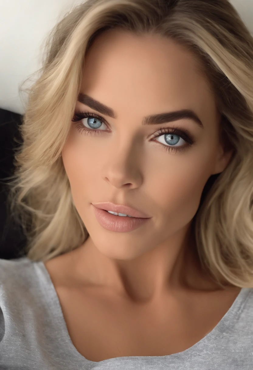 arafed frau voll , Sexy girl with blue eyes, ultra realistisch, Akribisch detailliert, Porträt Denise Richards, blonde hair and large eyes, Selfie einer jungen Frau, Bianka Helen, Augen im Schlafzimmer, ohne Make-up, Natural makeup, Blick direkt in die Kamera, Gesicht mit Artgram, dezentes Make-up, Stunning full body shot, die auf dem Bett kniet, im Schlafzimmer, kleine bis mittlere Oberweite, dekoltee, nightie
