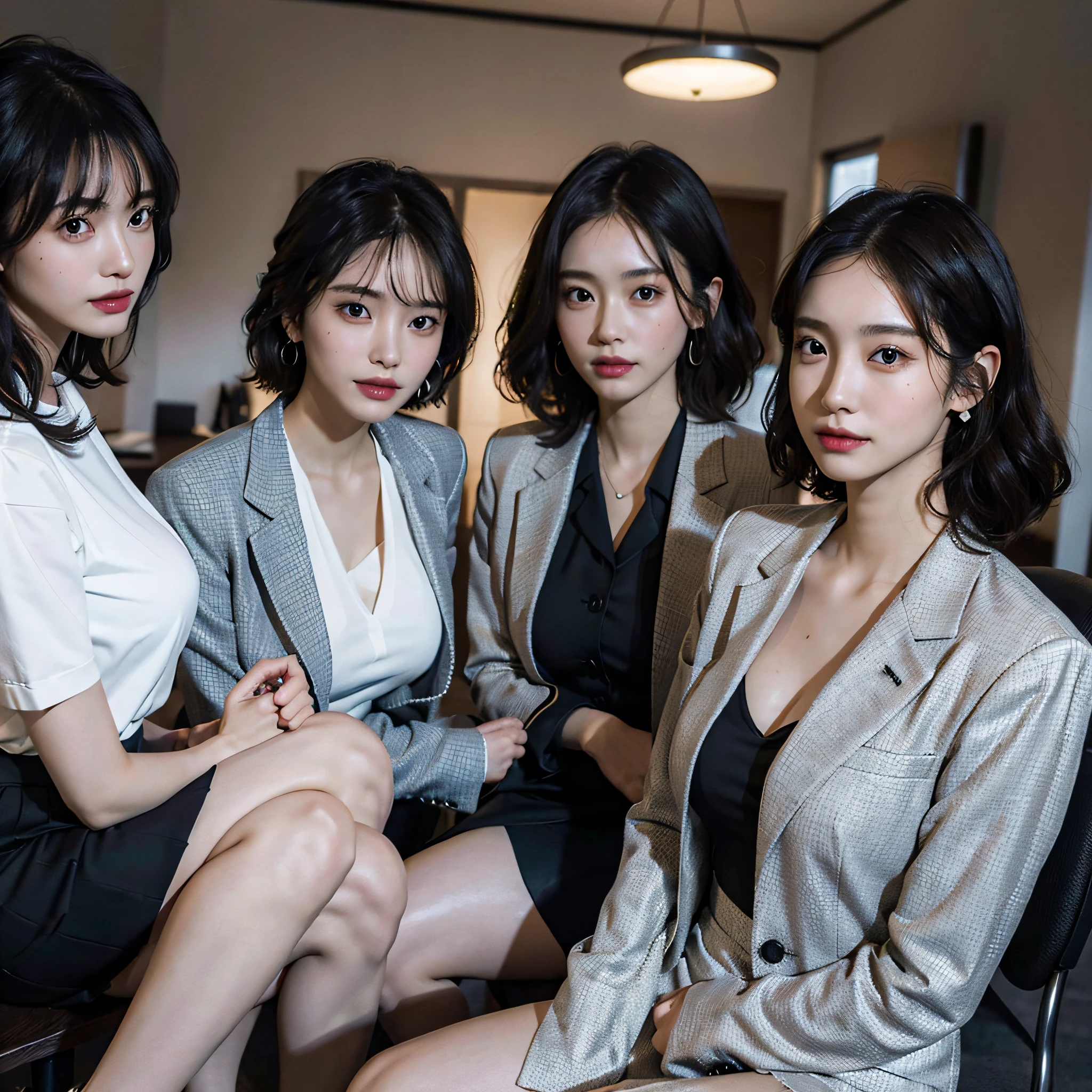 absurdres, RAW photo, extremely delicate and beautiful, masterpiece, Best Quality, ultra high resolution, 16k, hyperrealistic, ultra-detailed, Very detailed CG 8k wallpaper, Beautiful Lighting, Perfect Lightning, Realistic Shadows, perfect anatomy, super Detailed skin, perfect figure, Japanese woman, late 20s, very Slim body, narrow waist, very small head, handsome detailed woman, very detailed eyes and face, realistic face proportions, Stunning detailed eyes, Realistic beautiful face, very small face, Realistic small beautiful eyes, double eyelids, makeup, tearful mole, mole on chest, earring, bare legs, beautiful and very thin legs, beautiful and very thin thighs, (very huge round breasts:1.3), short hair, wavy hair, sweat, (3 girls:1.5), (office lady suit:1.3), (skirt suit), (suit jacket), (blouse),
