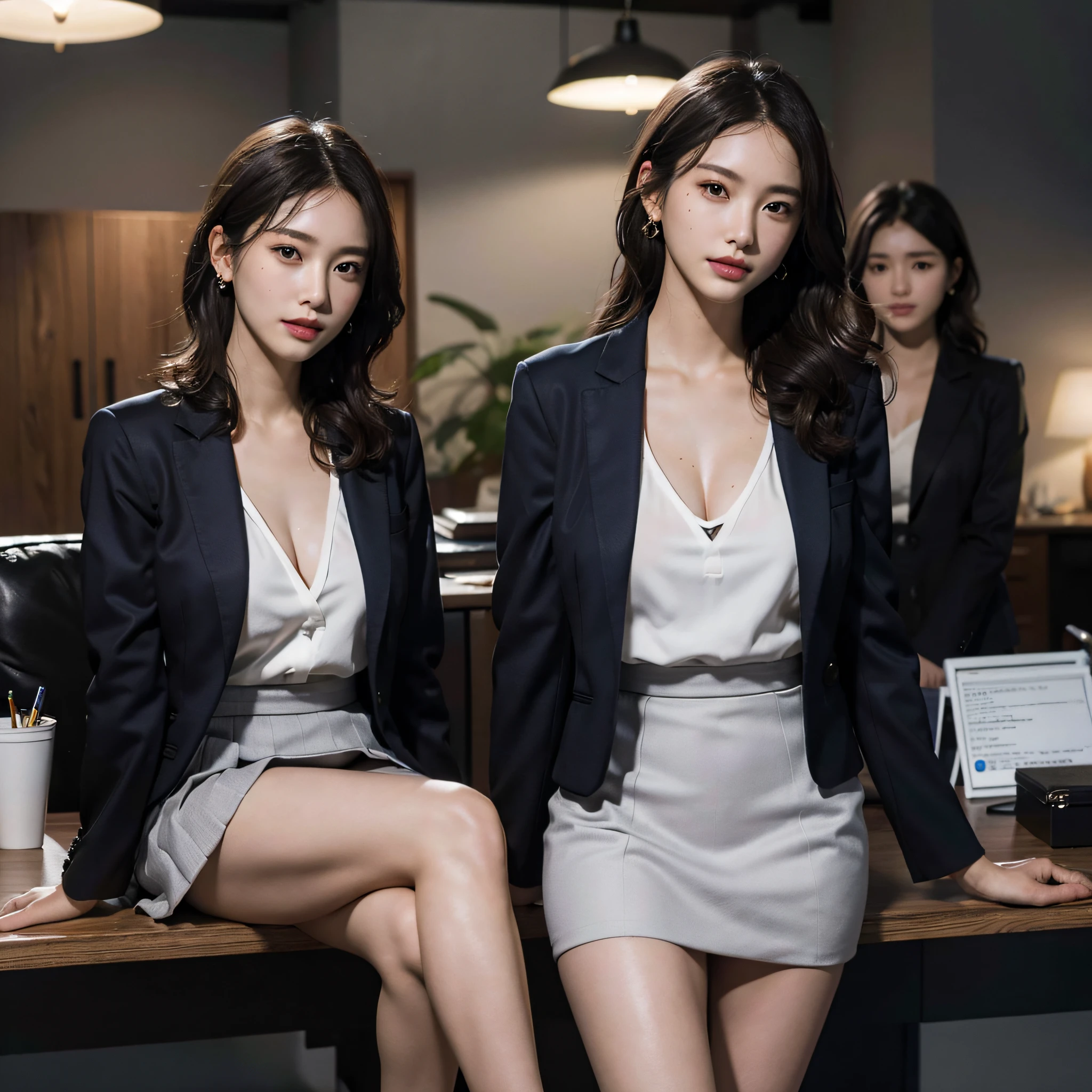 absurdres, RAW photo, extremely delicate and beautiful, masterpiece, Best Quality, ultra high resolution, 16k, hyperrealistic, ultra-detailed, Very detailed CG 8k wallpaper, Beautiful Lighting, Perfect Lightning, Realistic Shadows, perfect anatomy, super Detailed skin, perfect figure, Japanese woman, late 20s, very Slim body, narrow waist, very small head, handsome detailed woman, very detailed eyes and face, realistic face proportions, Stunning detailed eyes, Realistic beautiful face, very small face, Realistic small beautiful eyes, double eyelids, makeup, tearful mole, mole on chest, earring, bare legs, beautiful and very thin legs, beautiful and very thin thighs, (very huge round breasts:1.3), short hair, wavy hair, sweat, (3 girls:1.5), (office lady suit:1.3), (skirt suit), (suit jacket), (blouse),