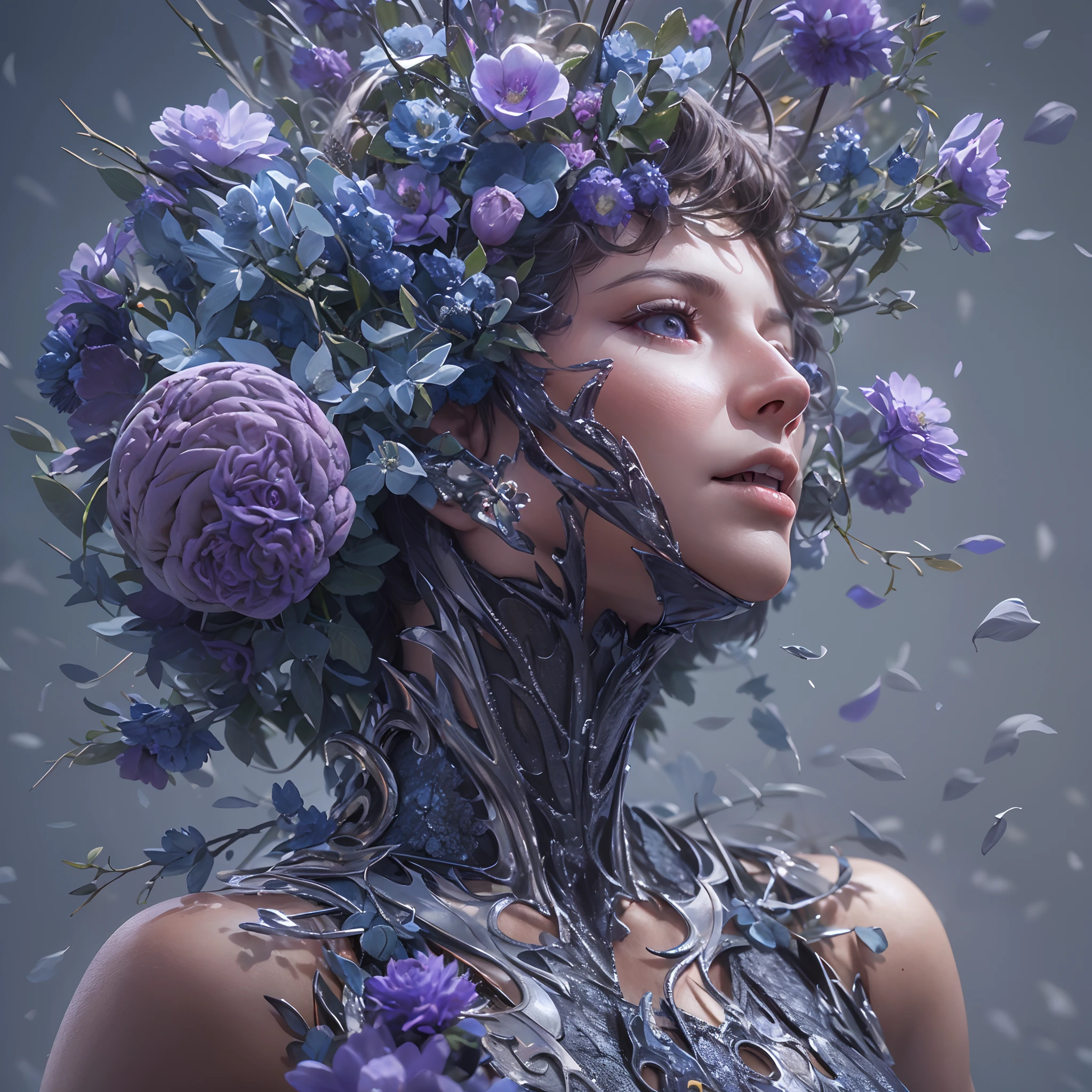 Incredibly spectacular scenes, ((high quality)), ((details)), ((photoreal)), purple plasma brain, purple plasma beauty (upper body only), torso stuck to the floor. Top quality, 4K, realistic flowers trapped in blisters. Portrait, image quality (3D rendering effect), exquisite details, half of the face is mechanical. android, artificial intelligence