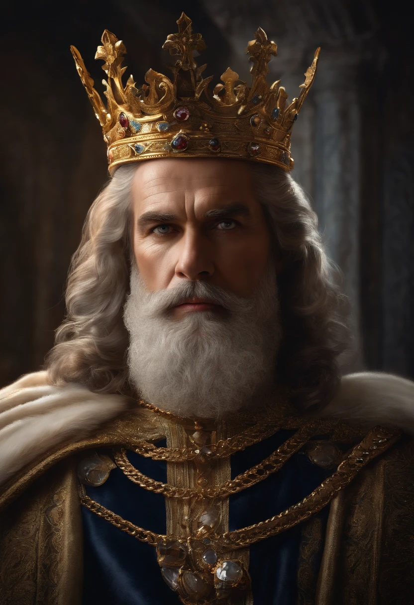 (best quality,4k,8k,highres,masterpiece:1.2),ultra-detailed,(realistic,photorealistic,photo-realistic:1.37),dark background,portrait,royal,king,regal,crown,jewels,ornate robe,golden scepter,intense gaze,powerful presence,brightly lit face,aged face,long white beard,strong jawline,deep-set eyes,piercing eyes,wise expression,dignified,royalty,dominance,authority,majestic,medieval,King Arthur,throne room,elegant,opulent,wisdom,solemn,scepter pointing upwards,rich colors,gems,shadows and highlights,traditional oil painting style,vibrant painting,soft brushstrokes,texture and depth,luxurious materials,colossal and grandiose,grand history,awe-inspiring,monarch