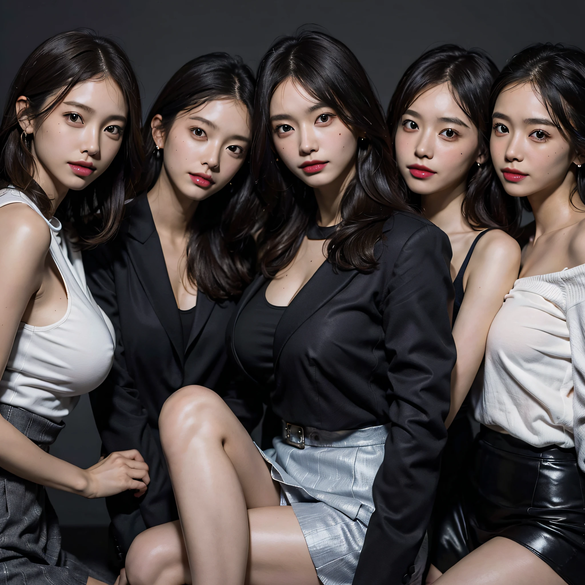 absurdres, RAW photo, extremely delicate and beautiful, masterpiece, Best Quality, ultra high resolution, 16k, hyperrealistic, ultra-detailed, Very detailed CG 8k wallpaper, Beautiful Lighting, Perfect Lightning, Realistic Shadows, perfect anatomy, super Detailed skin, perfect figure, Japanese woman, in her 20s, very Slim body, narrow waist, very small head, handsome detailed woman, very detailed eyes and face, realistic face proportions, Stunning detailed eyes, Realistic beautiful face, very small face, Realistic small beautiful eyes, double eyelids, makeup, tearful mole, mole on chest, earring, bare legs, beautiful and very thin legs, beautiful and very thin thighs, (((very huge round breasts))), short hair, wavy hair, sweat, (full body shot), (((((3 girls))))), tight-fitting, (skirt suit), (suit jacket), (blouse),