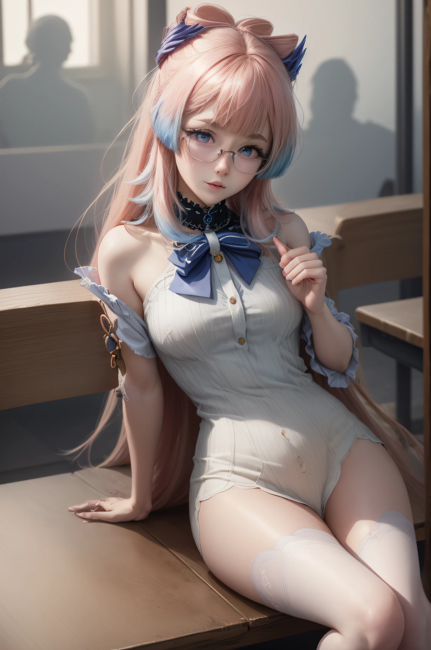 Masterpiece, Best Quality, Ultra Detailed, hyper realistic, photo,Delicate pattern, Detailed background, Completely uncensored, Cowboy shot, japanaese girl, classroom, school uniform, loose collar, upskirt, Looking at the glasses, Hair between the eyes, pink hair Raise your index finger and one hand on your thigh, Angry with puffy cheeks, From directly above, leaning forward, Appearance of the model, confusion, sexuality, Cute beautiful anime woman, detailed digital anime art, beautiful anime girl, beautiful anime girl, Anime with small details, Best Quality, Masterpiece, Ultra-detailed, Beautiful, hight resolution, Original,CG 8K ультрареалистичный, perfect artwork, beatiful face, Face Clean, Skin, hyper realistic, Ultra Detailed, A detailed eye, dramatic lighting, (Realistic) Realistic, Full HD, Best Quality, Best Quality, Beautiful lighting, (8k wallpaper of extremely detailed CG unit), High Details, sharp-focus, The art of dramatic and photorealistic painting, beautiful smile, little chest,
