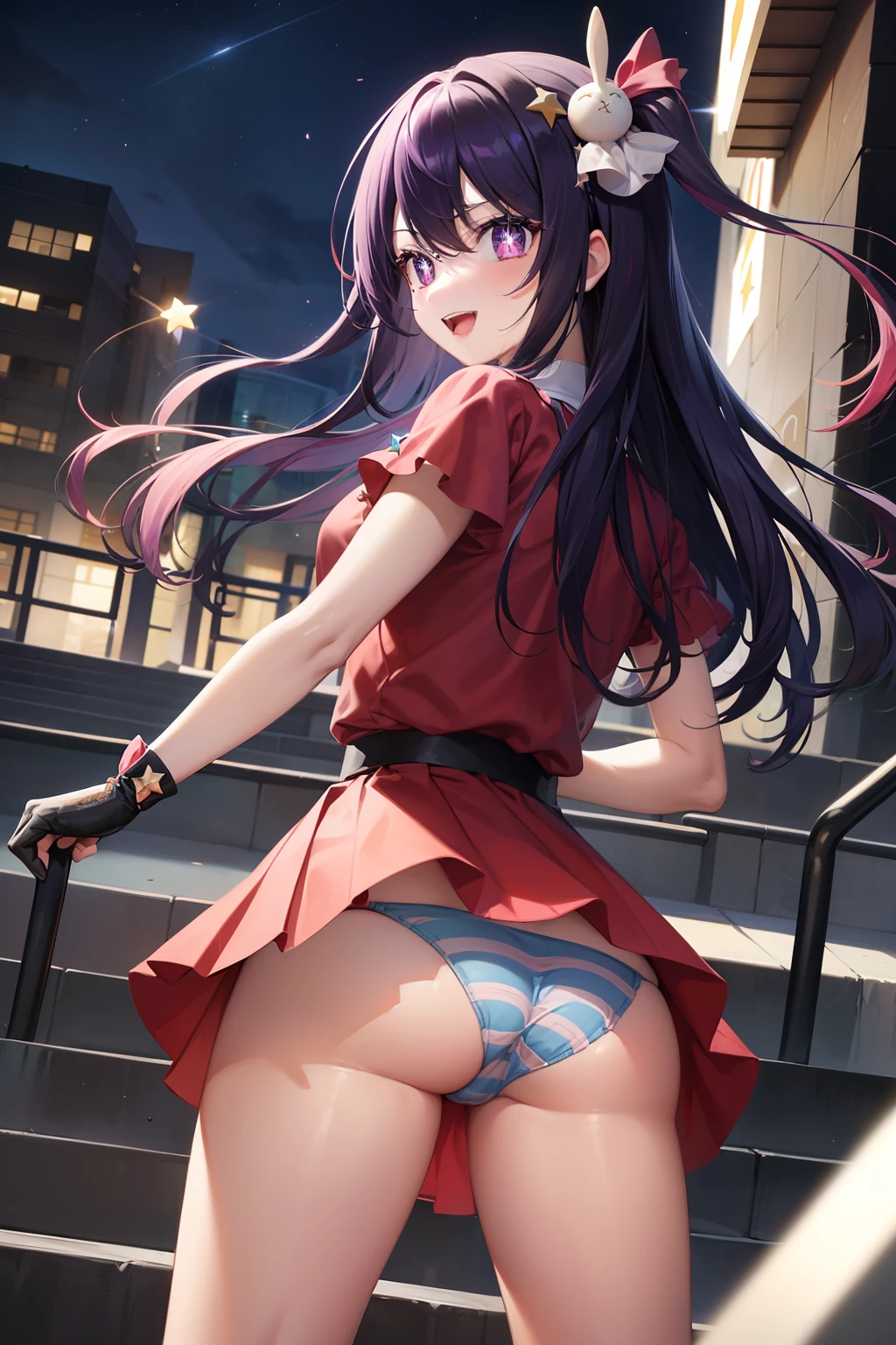 Ai Hoshino, Ai Hoshino, hair between eye, Hair Ornament, Hair Ribbon, Long hair, One side up, (Purple eyes:1.1), Purple hair, rabbit hair ornament, (star-shaped pupils:1.5), symbol-shaped pupils,Brake belt, Black belt, brooches, Dress, Pink dress, frilly dress, Ruffled gloves, frilld, gloves, heart brooch, Idol, Idol clothes, Jewelry, Pink gloves, Red Ribbon, bow ribbon, turtleneck dress,BREAK looking at viewer,BREAK (masutepiece:1.2), Best Quality, High resolution, Unity 8k壁纸, (Illustration:0.8), (Beautiful detailed eyes:1.6), extra detailed face, Perfect Lighting, extremely details CG, (Perfect hands, Perfect Anatomy),Smile with open mouth、outside of house、plein air、Stand on the escalator, (By up escalator), (lower body shot), Thigh Focus, (Taken from the bottom 1.3), (View from behind1.3)、 (Blue stripes々Panties:1.3)、(Skirt that rolls up:1.3)、(Fully exposed panties:1.5),