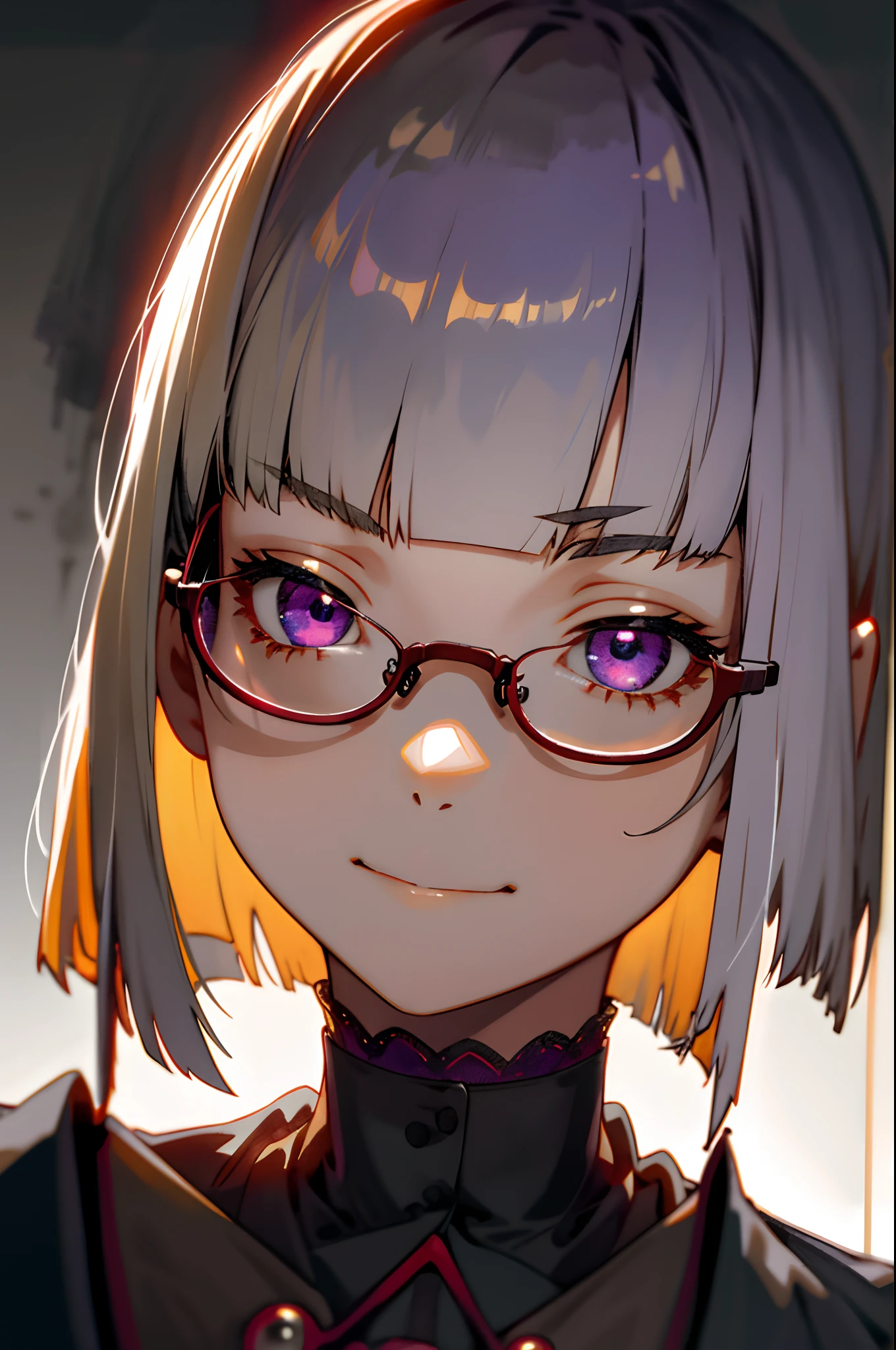 sixteen years old, Straight bob cut、a blond、Blunt bangs、bob cuts, Straight hair、Purple eyes, fine eyes and detailed face, intricate-detail, Lowered hair, Unraveled hair, Solo, Detailed background, Detailed face, red frame glasses, Faint moonlight, Back lighting, Sad atmosphere, Portrait, Blurry background, Smile, From the front, (dark shadow), Mysterious, ((Low saturation)), stroking the cat on your lap, (Gentle look)