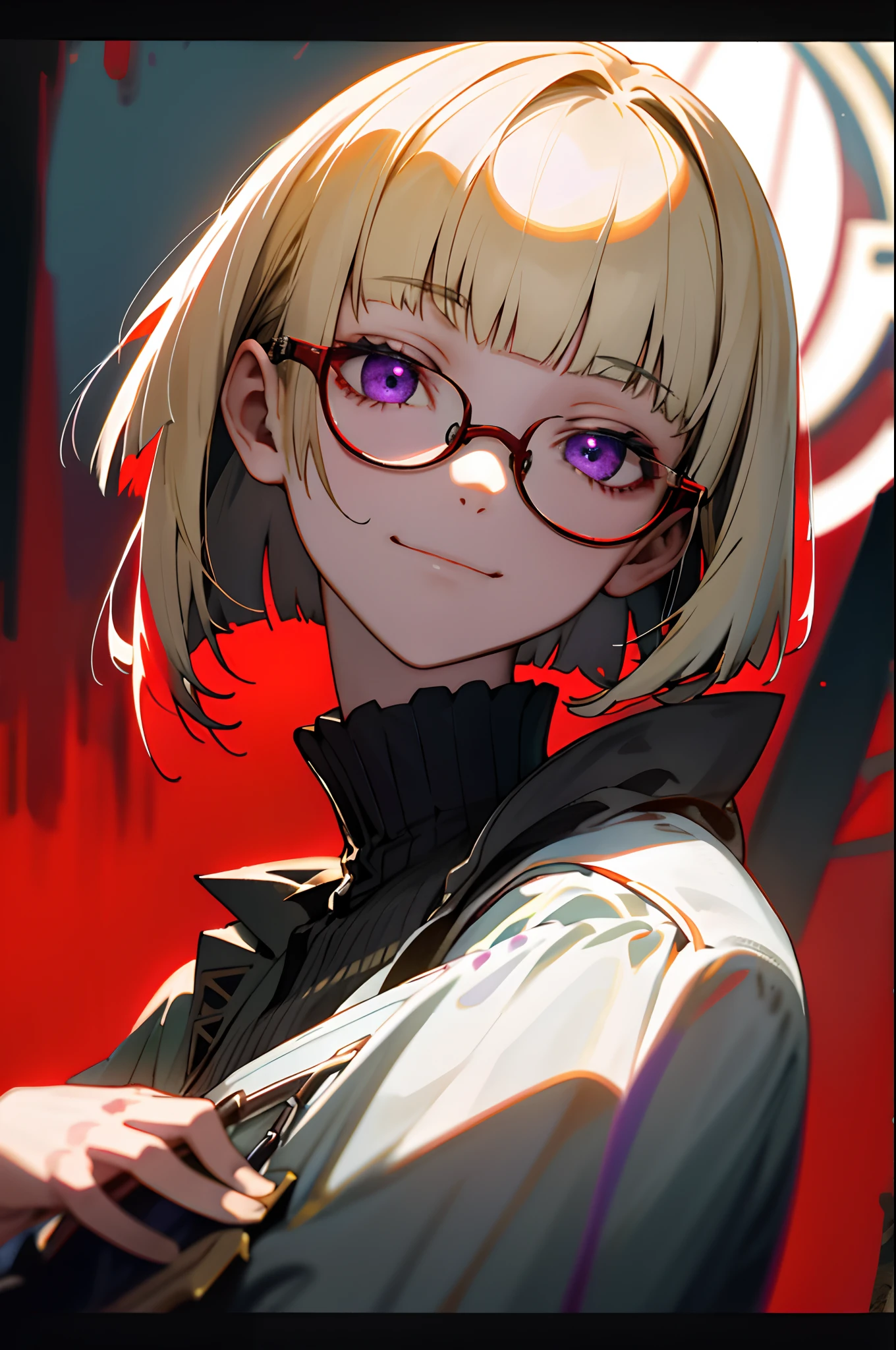 sixteen years old, Straight bob cut、a blond、Blunt bangs、bob cuts, Straight hair、Purple eyes, fine eyes and detailed face, intricate-detail, Lowered hair, Unraveled hair, Solo, Detailed background, Detailed face, red frame glasses, Faint moonlight, Back lighting, Sad atmosphere, Portrait, Blurry background, Smile, From the front, (dark shadow), Mysterious, ((Low saturation)), stroking the cat on your lap, (Gentle look)