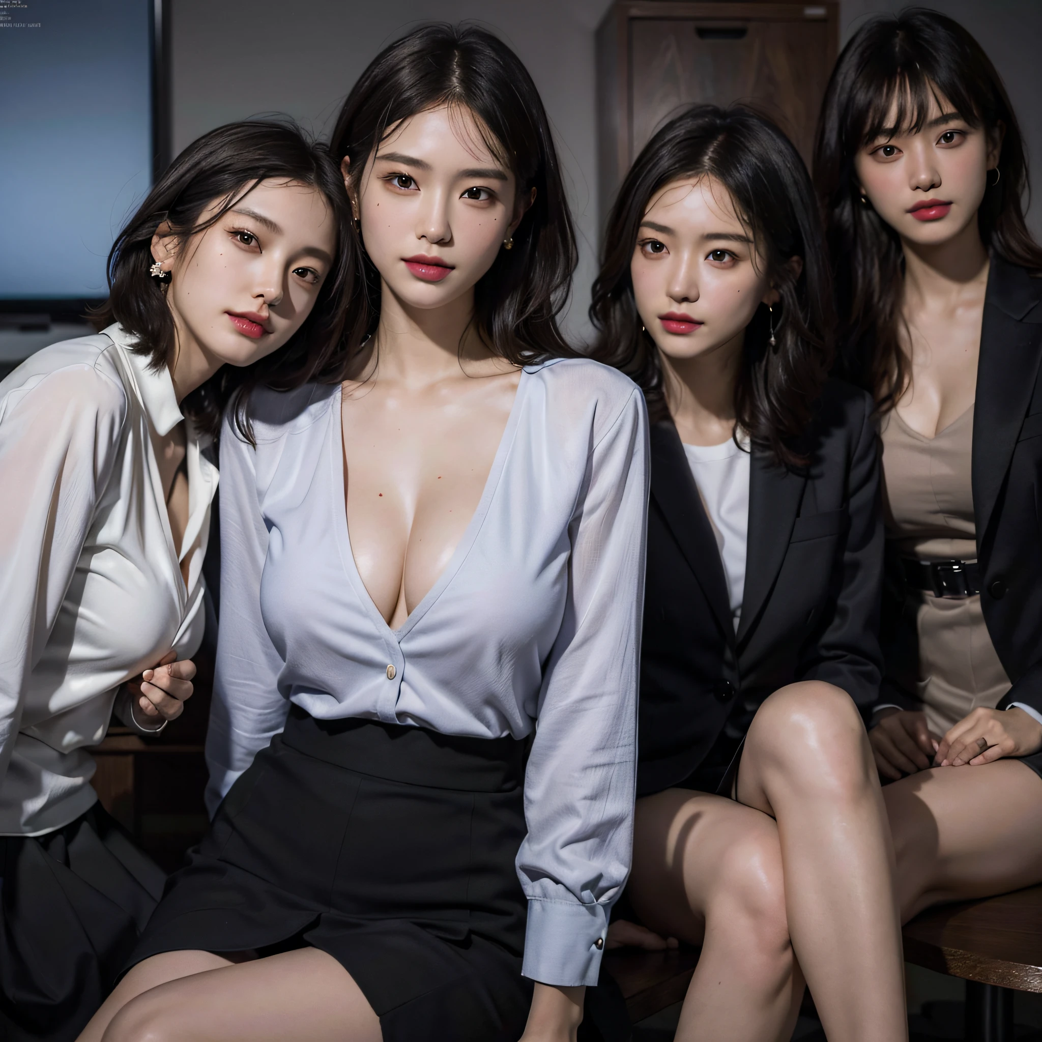 absurdres, RAW photo, extremely delicate and beautiful, masterpiece, Best Quality, ultra high resolution, 16k, hyperrealistic, ultra-detailed, Very detailed CG 8k wallpaper, Beautiful Lighting, Perfect Lightning, Realistic Shadows, perfect anatomy, super Detailed skin, perfect figure, Japanese woman, late 20s, very Slim body, narrow waist, very small head, handsome detailed woman, very detailed eyes and face, realistic face proportions, Stunning detailed eyes, Realistic beautiful face, very small face, Realistic small beautiful eyes, double eyelids, makeup, tearful mole, mole on chest, earring, bare legs, beautiful and very thin legs, beautiful and very thin thighs, (very huge round breasts:1.3), short hair, wavy hair, sweat, (3 girls:1.5), (office lady suit:1.3), (skirt suit), (suit jacket), (blouse),