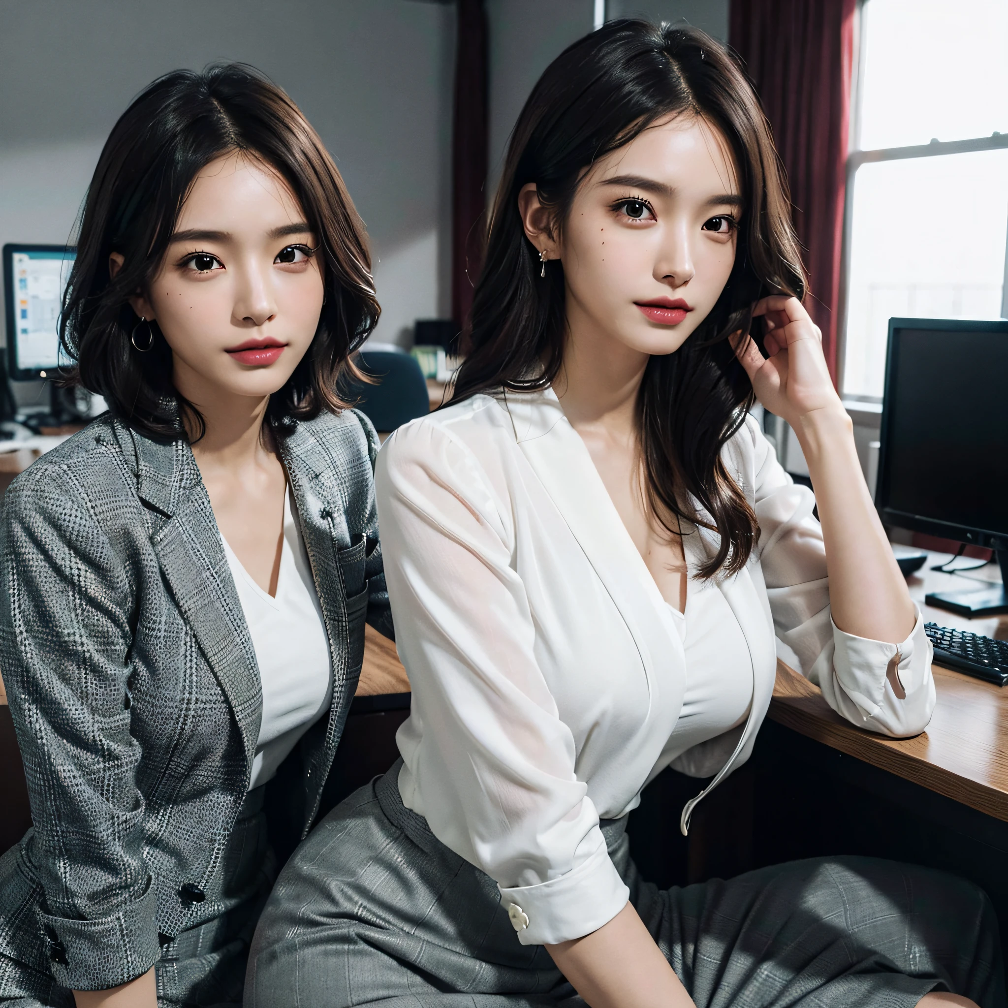 suit,2 lady,realistic,(ultra quality:1.2),japanese,high quality,masterpiece,(ultra detailed:1.4),japanese lady,beautiful face,(V-neck skirt-suit:1.1),((office)),slender,highres,