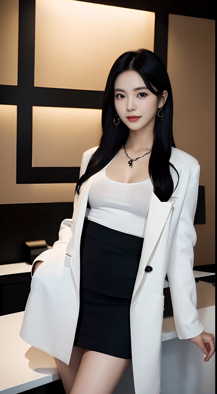 (masterpiece), a stunning photograph of korean girl model, full body, 8k, raw photo, looking at viewer, (highly detailed skin:1.2), small breasts, slim body, black hair, (photorealistic:1.4), white shirt, black jacket, black skirt, solo, jewelry, earrings, (looking at viewer), long hair, brown eyes, portrait, realistic, smile, makeup, office desk background