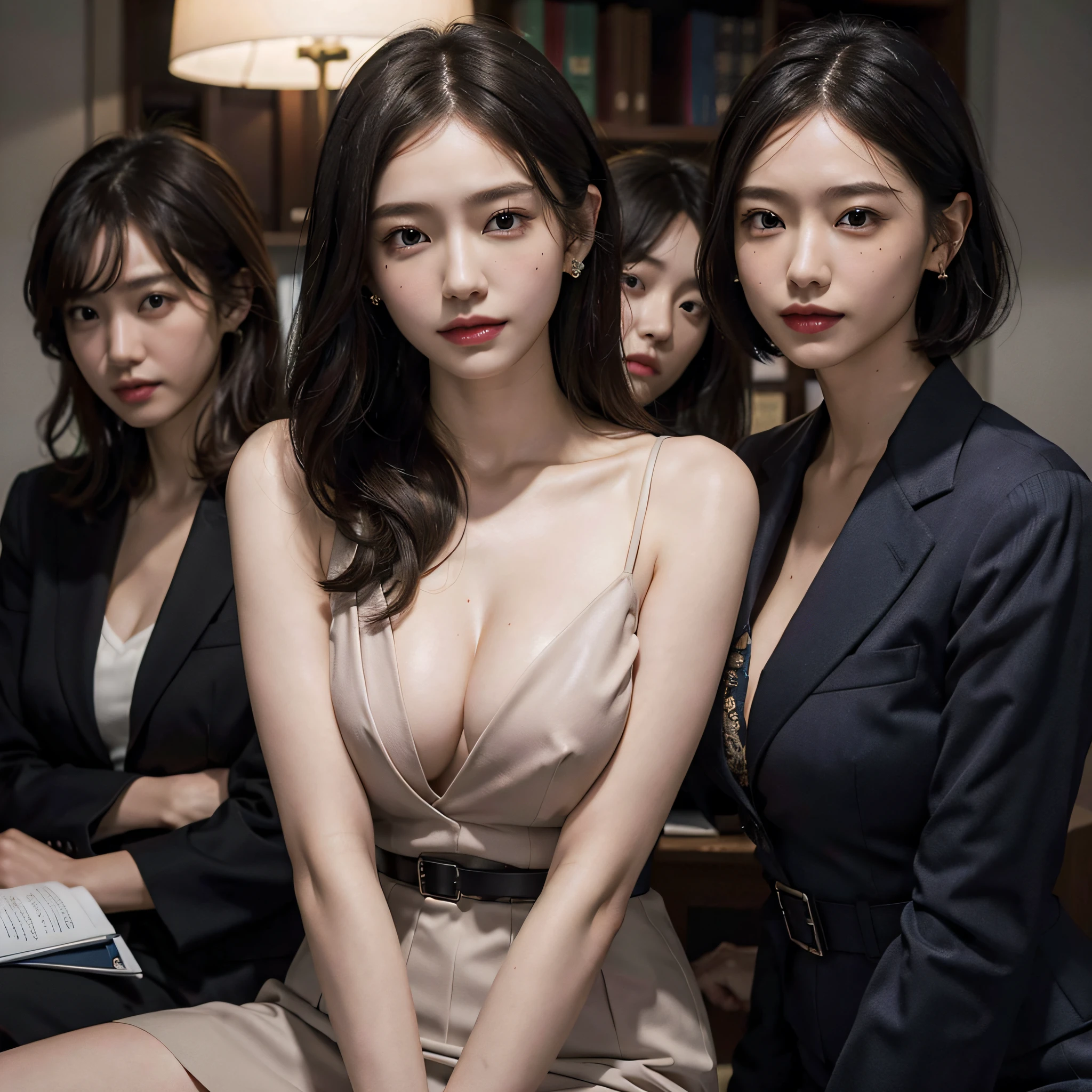 absurdres, RAW photo, extremely delicate and beautiful, masterpiece, Best Quality, ultra high resolution, 16k, hyperrealistic, ultra-detailed, Very detailed CG 8k wallpaper, Beautiful Lighting, Perfect Lightning, Realistic Shadows, perfect anatomy, super Detailed skin, perfect figure, Japanese woman, late 20s, very Slim body, narrow waist, very small head, handsome detailed woman, very detailed eyes and face, realistic face proportions, Stunning detailed eyes, Realistic beautiful face, very small face, Realistic small beautiful eyes, double eyelids, makeup, tearful mole, mole on chest, earring, bare legs, beautiful and very thin legs, beautiful and very thin thighs, (very huge round breasts:1.3), short hair, wavy hair, sweat, (3 girls:1.5), (office lady suit:1.3), (skirt suit), (suit jacket), (blouse),