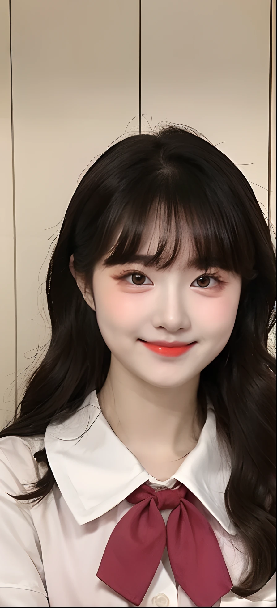 (Best quality, A high resolution, Masterpiece:1.2), Ultra-detailed, (Realistic:1.37), wavy and long hair, seduct smile, japanese school girl, Baby face, Lovely face, Perfect face, Extremely detailed beautiful face and eyes, Willow eyebrows, Big watery eyes, Brown eyes, cocky nose, Cherry mouth, Red lips, lipstick, Makeup, powder blusher, Long hair, Pink JK blouse, Pink JK skirt, Pink JK ribbon, The bedrooms have pink décor and beds, Sitting on the bed, Close-up portrait