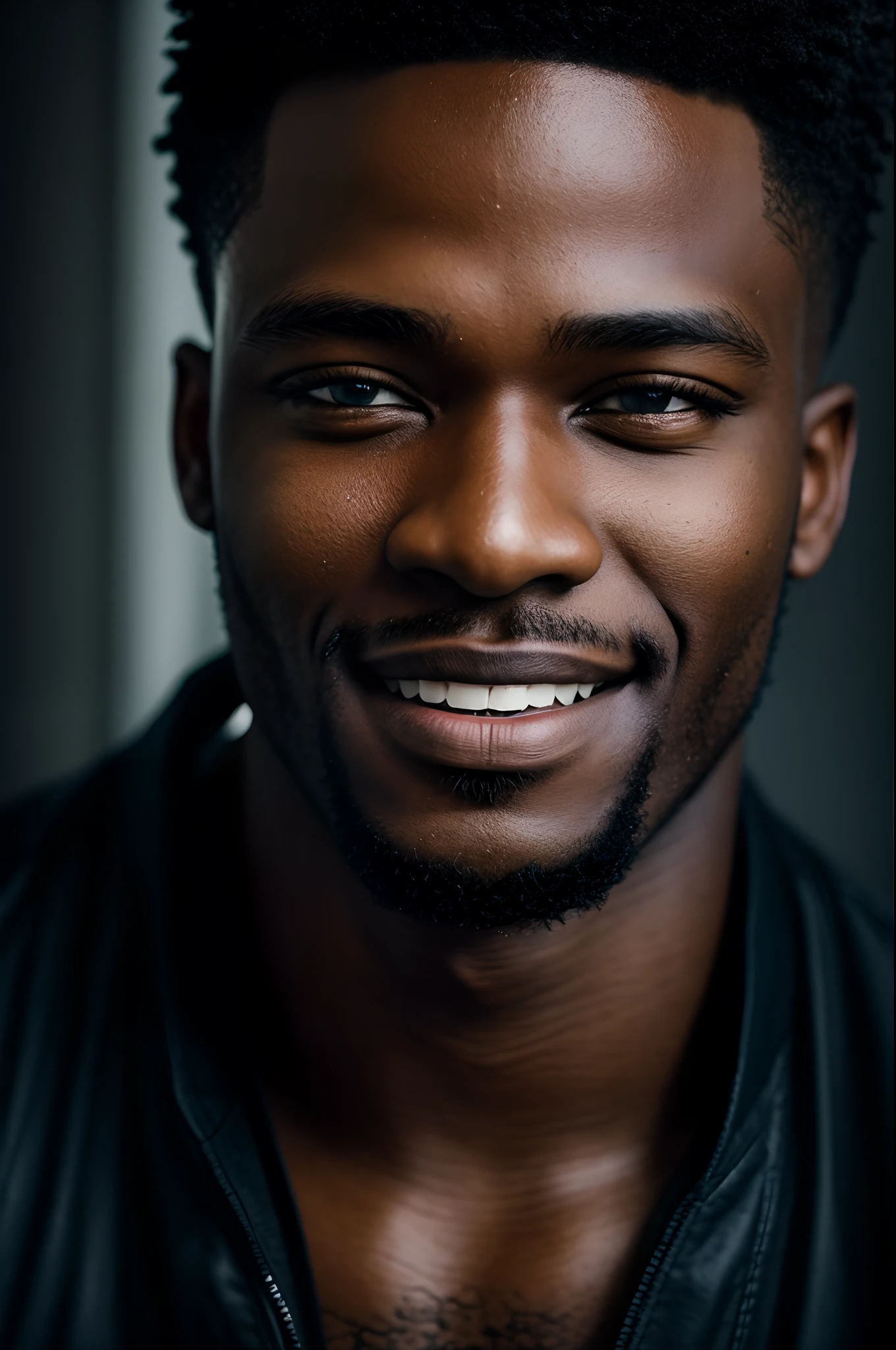 (close-up, editorial photograph of a 21 year old black man), (highly detailed face:1.4) (smile:0.7) (background inside dark, moody, private study:1.3), smiling,POV, by lee jeffries, nikon d850, film stock photograph ,4 kodak portra 400 ,camera f1.6 lens ,rich colors ,hyper realistic ,lifelike texture, dramatic lighting , cinestill 800,