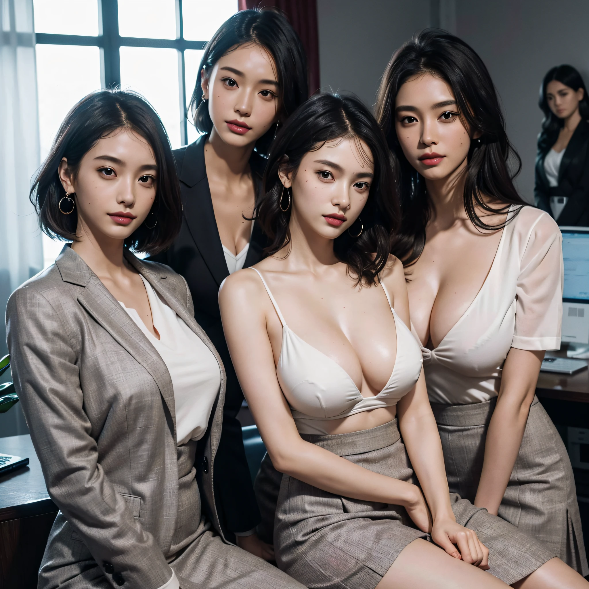 absurdres, RAW photo, extremely delicate and beautiful, masterpiece, Best Quality, ultra high resolution, 16k, hyperrealistic, ultra-detailed, Very detailed CG 8k wallpaper, Beautiful Lighting, Perfect Lightning, Realistic Shadows, perfect anatomy, super Detailed skin, perfect figure, Japanese woman, late 20s, very Slim body, narrow waist, very small head, handsome detailed woman, very detailed eyes and face, realistic face proportions, Stunning detailed eyes, Realistic beautiful face, very small face, Realistic small beautiful eyes, double eyelids, makeup, tearful mole, mole on chest, earring, bare legs, beautiful and very thin legs, beautiful and very thin thighs, (very huge round breasts:1.3), short hair, wavy hair, sweat, full body shot, (3 girls:1.5), (office lady suit:1.3), (skirt suit), (suit jacket), (blouse),