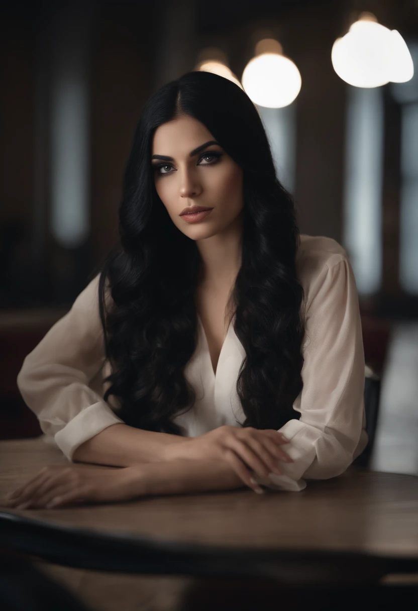 A short beautiful girl with long black hair and eyes. Good lips and diamond faceshape. sittng on disk , looking to camera , giving a educational lecture , profissional outfit