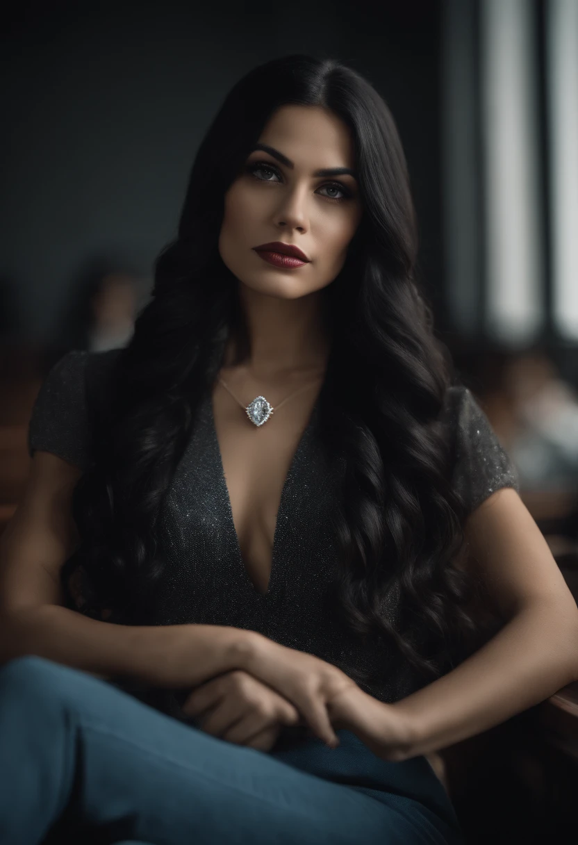 A short beautiful girl with long black hair and eyes. Good lips and diamond faceshape. sittng on disk , looking to camera , giving a educational lecture , profissional outfit