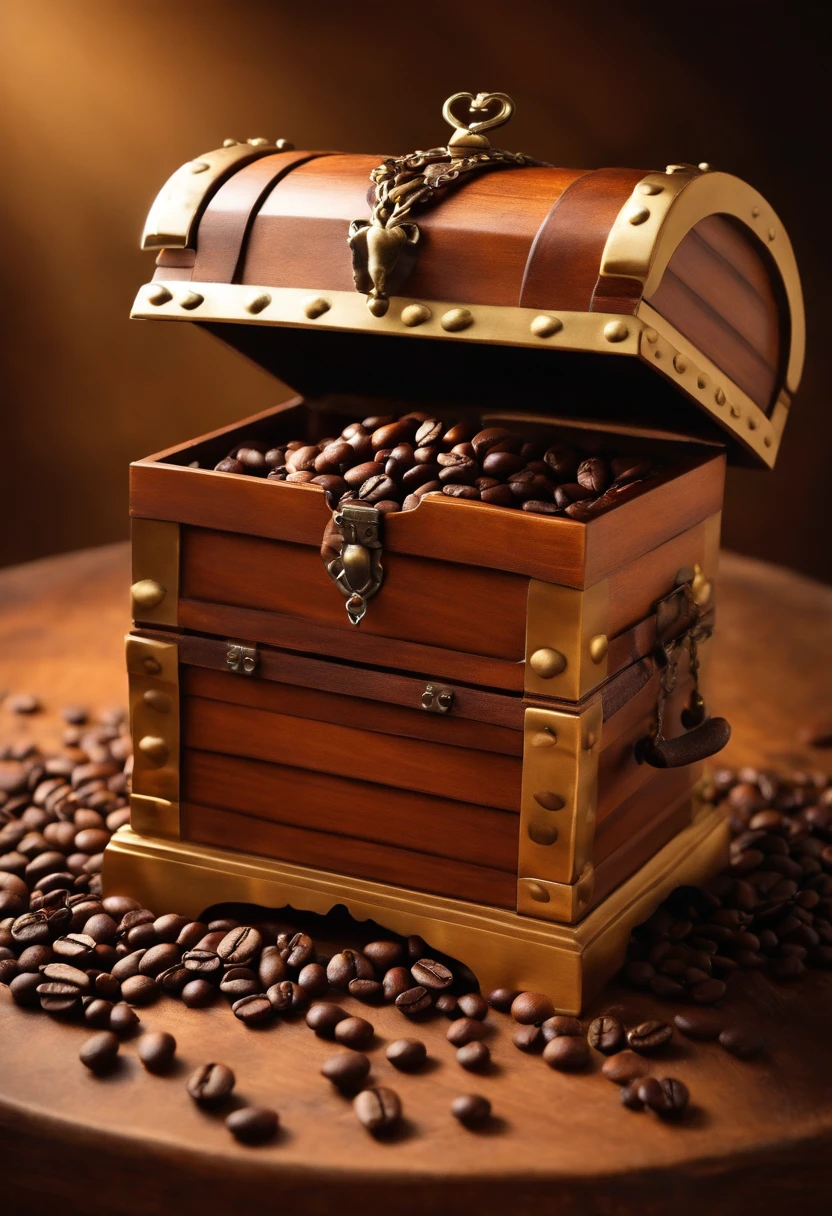 An open treasure chest with coffee beans inside and an empty space next to it
