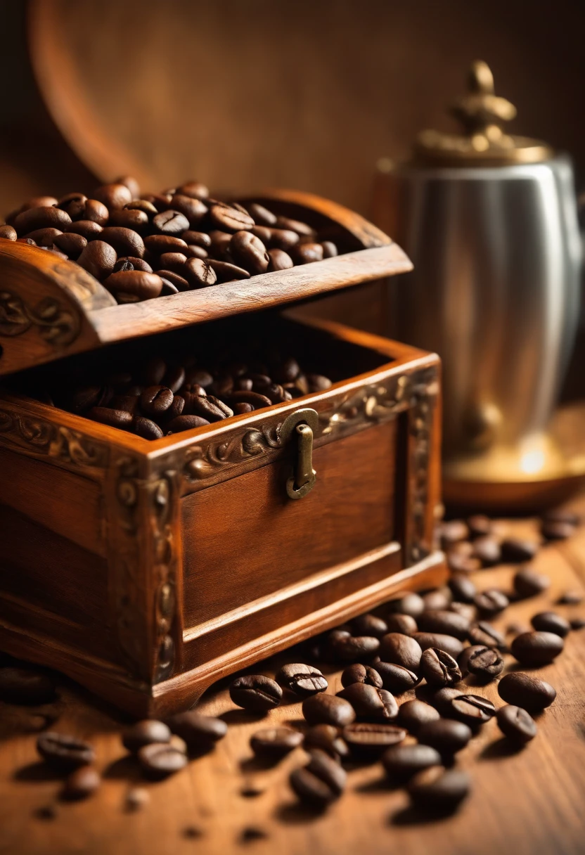 An open treasure chest with coffee beans inside and an empty space next to it