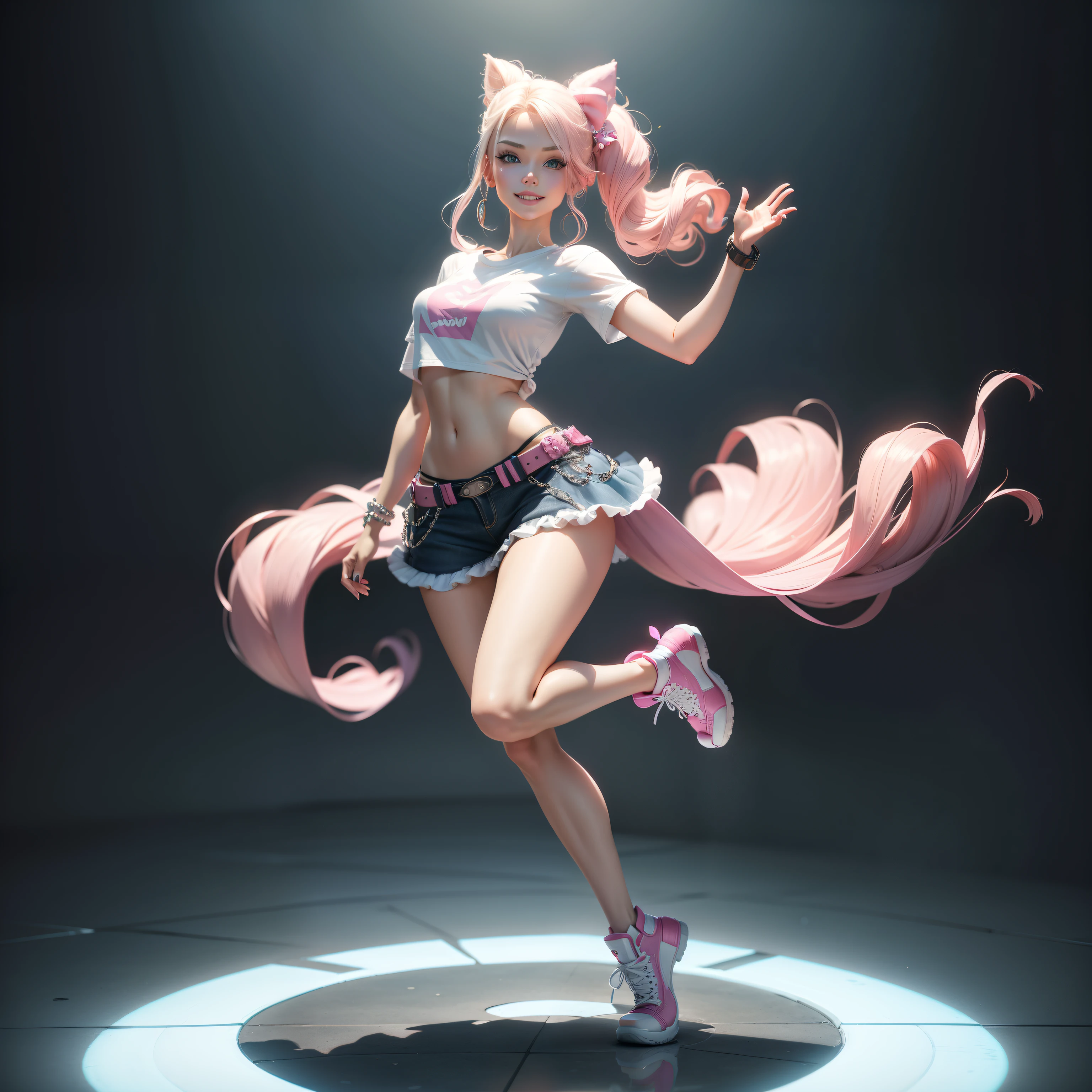 One Barbie, ((Full body)),8th class, Blue eyes, Smiling face, Hair loss swaying in the wind, Hip Hop Singer Pose, Dressed in hip-hop style, Wear a white T-shirt,swarovski,pasties,With a pink bow on the arm, Fashion, Extremely high quality, high details, 8K, clean back ground, in studio, ((Full body shot)),Align your fingers neatly,Accurate Hand Modeling,wave her hand,