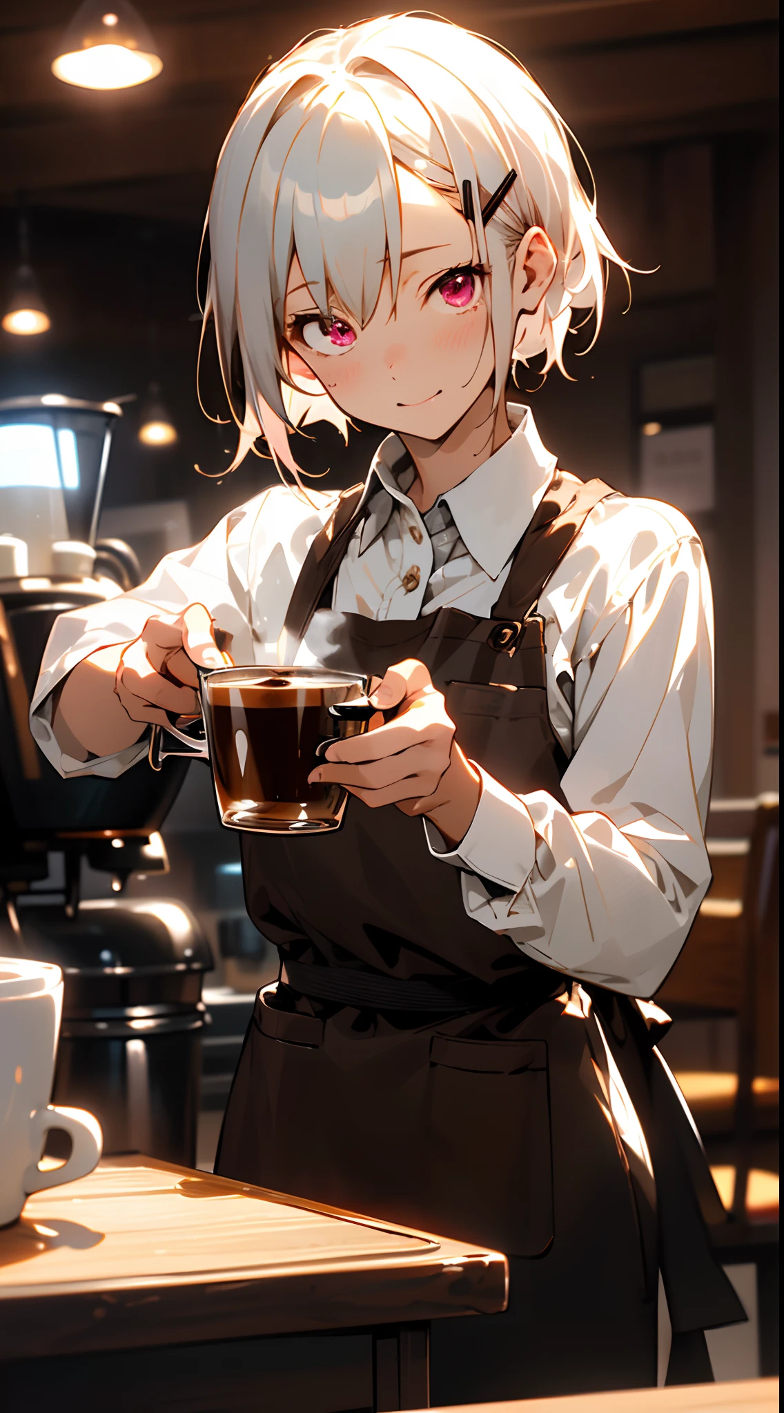 (masutepiece), Best Quality, Girl working in coffee shop, She is making coffee in a machine, Coffee making, Perfect face, Expressive eyes, Brown Apron, Coffee shop from inside, Short hairstyle with silver hair and bob, Hair tied in a bun with a hair clip, Pink eyes, Cute Girl, Cozy, (Night), Realistic, 4K, Convoluted, Detailed, flowers in a vase, Cozy lights, Perfect Lighting, Traced light, Warm colors, Table chairs, Everyday life, Modern, Elegant, (relax vibe), peaceful, aromatic,Happy,happiness, (White hair), White shirt, barista, Soft, Brown hair band, humble,Delicate, Gentle, Night, Contrasty, Vivid colors, Bokeh, (The perfect coffee machine), state, (Soft), Glow, Glowing eyes
Break she's making coffee, There is a table with cups on the left, There is a coffee machine on the table, Steam is coming out of the cup, Delicious coffee
, Kumis,