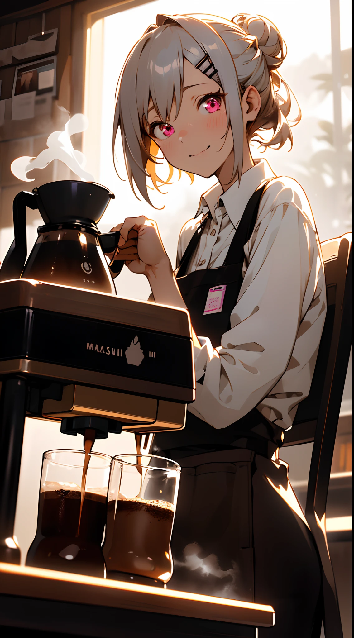 (masutepiece), Best Quality,  Girl working in coffee shop, She is making coffee in a machine, Coffee making, Perfect face, Expressive eyes, Brown Apron, Coffee shop from inside, Short hairstyle with silver hair and bob, Hair tied in a bun with a hair clip, Pink eyes, Cute Girl, Cozy, (Night), Realistic, 4K, Convoluted, Detailed, flowers in a vase, Cozy lights, Perfect Lighting, Traced light, Warm colors, Table chairs, Everyday life, Modern, Elegant, (relax vibe), peaceful, aromatic,Happy,happiness, (White hair), White shirt, barista, Soft, Brown hair band, humble,Delicate, Gentle, Night, Contrasty, Vivid colors, Bokeh, (The perfect coffee machine), state, (Soft), Glow, Glowing eyes

Break she's making coffee, There is a table with cups on the left, There is a coffee machine on the table, Steam is coming out of the cup, Delicious coffee
, Kumis,