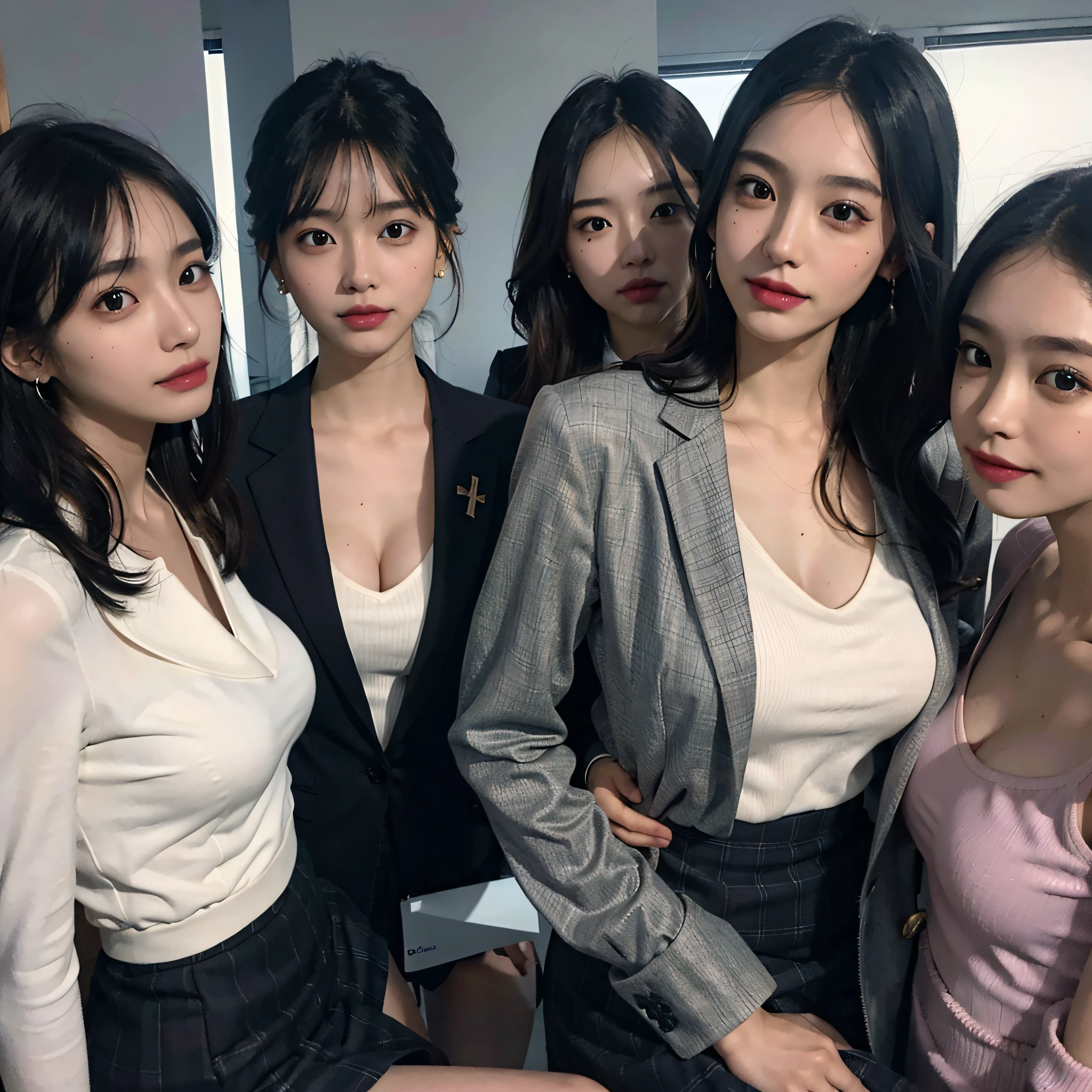 Threesome girl, ((Best quality, 8k, Masterpiece :1.37), very detailed face, detailed rosy lips, detailed eyes, (Korean eyes), double eyelids, detailed nose, detailed palms, detailed feet, Skin color Brownish white , many people, (Wearing Random jacket), Big Breasts:1.5, (three girls), long black hair, position:standing, Beautiful face, (Ultra-HD Face), Light laughing lips, (shooting From face to thigh), Close-up Photo, (girl threesome, long black hair, model hairstyle), (Undressing Nude: 1.1), small vagina, hairy pussy:0.5, (small vagina), small vagina, Realistic Vagina: 1:6, tall building background, (girl threesome )