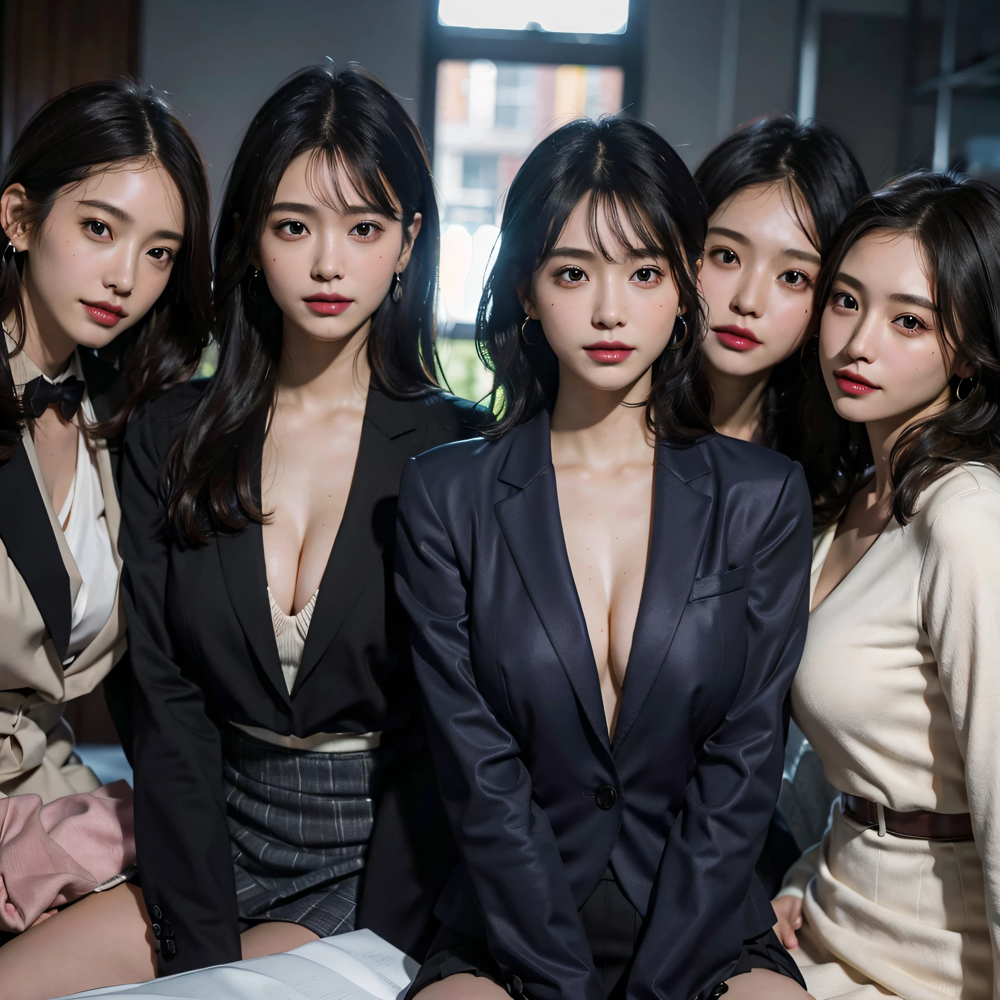 absurdres, RAW photo, extremely delicate and beautiful, masterpiece, Best Quality, ultra high resolution, 16k, hyperrealistic, ultra-detailed, Very detailed CG 8k wallpaper, Beautiful Lighting, Perfect Lightning, Realistic Shadows, perfect anatomy, super Detailed skin, perfect figure, Japanese woman, late 20s, very Slim body, narrow waist, very small head, handsome detailed woman, very detailed eyes and face, realistic face proportions, Stunning detailed eyes, Realistic beautiful face, very small face, Realistic small beautiful eyes, double eyelids, makeup, tearful mole, mole on chest, earring, bare legs, beautiful and very thin legs, beautiful and very thin thighs, (very huge round breasts:1.3), short hair, wavy hair, sweat, full body shot, (3 girls:1.5), (office lady suit:1.3), (skirt suit), (suit jacket), (blouse),