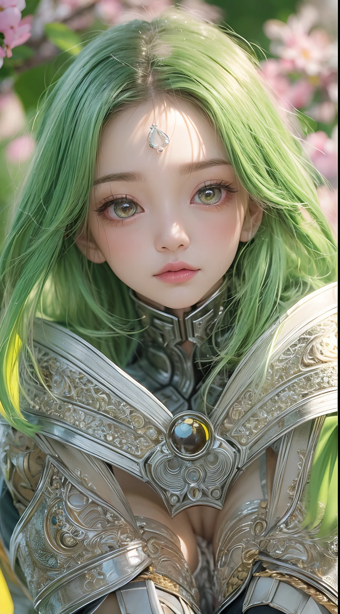 ​masterpiece, 1 beautiful girl, Detailed eye, Swollen eyes, top-quality, 超A high resolution, (reality: 1.4), 电影灯光, very extremely beautiful, Beautiful skins, A slender, Forward-facing body, (A hyper-realistic), (hight resolution), (8K), (ighly detailed), ( Best Illustration), (beautifully detailed eyes), (ultra-detailliert), 详细的脸, Bright lighting, Professional Lighting、the most beautiful and sexy cyberpunk girl, neon green hair, yellow eyes, dark african skin, wearing incredibly detailed futuristic cyberpunk battle armor, huge enormous gigantic  tits and  exposed, tons of tattoos and piercings, in hyper futuristic city metropolis, cherry blossoms blowing in the wind, cinematic, incredibly perfect masterpiece, high quality, high resolution