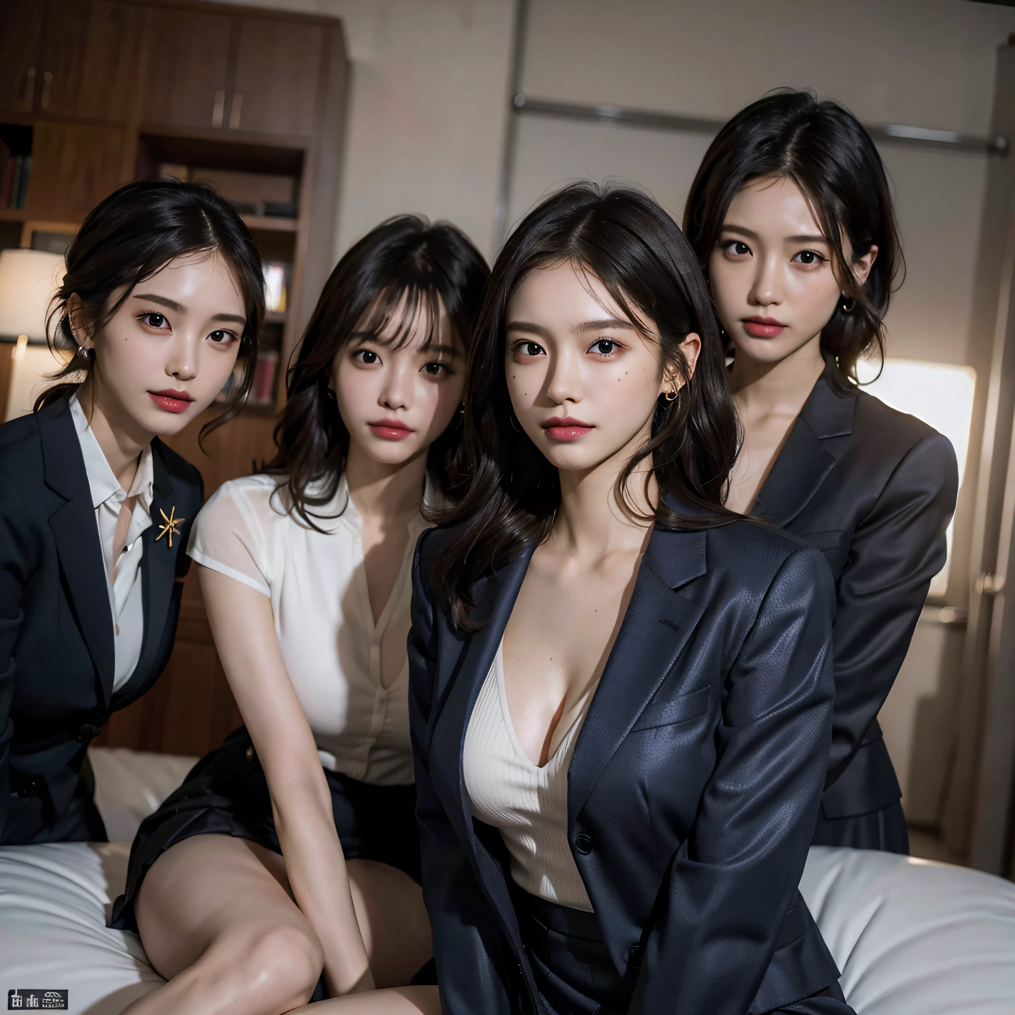 ((top-quality、8K、masterpiece:1.3))、foco nítido:1.2、Perfect Style、(((Looking at the camera)))、((Cute smile))、Beautiful fece、Beautiful fece、Two beautiful sisters、Famous for sweating profusely in the world、Constriction of the lower back、Beautiful legs、Taut skin、Highly detailed facial and skin texture、A detailed eye、二重まぶた、thin cheeks、Healthy skin、(Layered hairstyle、dark brown hair)、(((Business suits)))、(exposed breast)、(micromini skirt)、((disheveled outfit and hair:1.3))、(huge-breasted)、(Natural Breast、Natural cleavage)、((Get stuck in close contact on an incredibly crowded train:1.6))、((Women only:1.6))、Photographed from outside the vehicle、((Terribly happy look))、(enchanted look:1.8)、