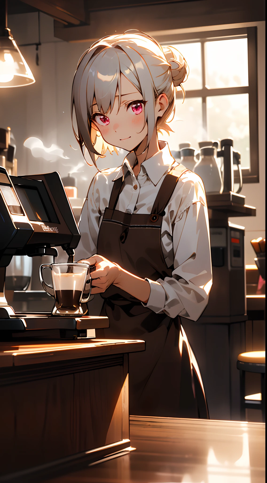 (Tabletop), highest quality, girl working at a coffee shop, She is making coffee in a machine, Coffee making, Perfect Face, Expressive eyes, Brown apron, Inside the coffee shop, Silver and bob short hairstyle, Tie your hair up with a hair clip, Pink Eyes, pretty girl, comfortable, Realistic, 4K, Complex, detailed, Flowers in a vase, comfortable lights, Perfect lighting, Trace Light, Warm colors, Tables and chairs, Daily life, Modern, elegant, (Relaxed atmosphere), peaceful, Aromatic,Happy,happiness, (Gray Hair), White shirt, Barista, soft, Brown hair band, Humble,delicate, kind, contrast, Vibrant colors, Bokeh, (The perfect coffee machine), roo, (soft), Shine, Shineing eyes
Break she's making coffee, There is a table with a cup on the left hand, There is a coffee machine on the table, Steam coming out of the cup, Delicious coffee
