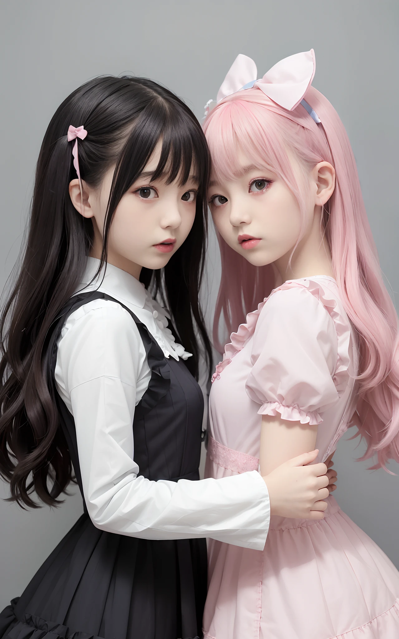 There are two girls、The person on the left is wearing a goth loli costume with light blue ruffles、The person on the right is pink and wears a goth loli costume inherited by ruffles、Facing each other、Looked、Looking at the camera、japanes、teens girl、、Being in the steppe