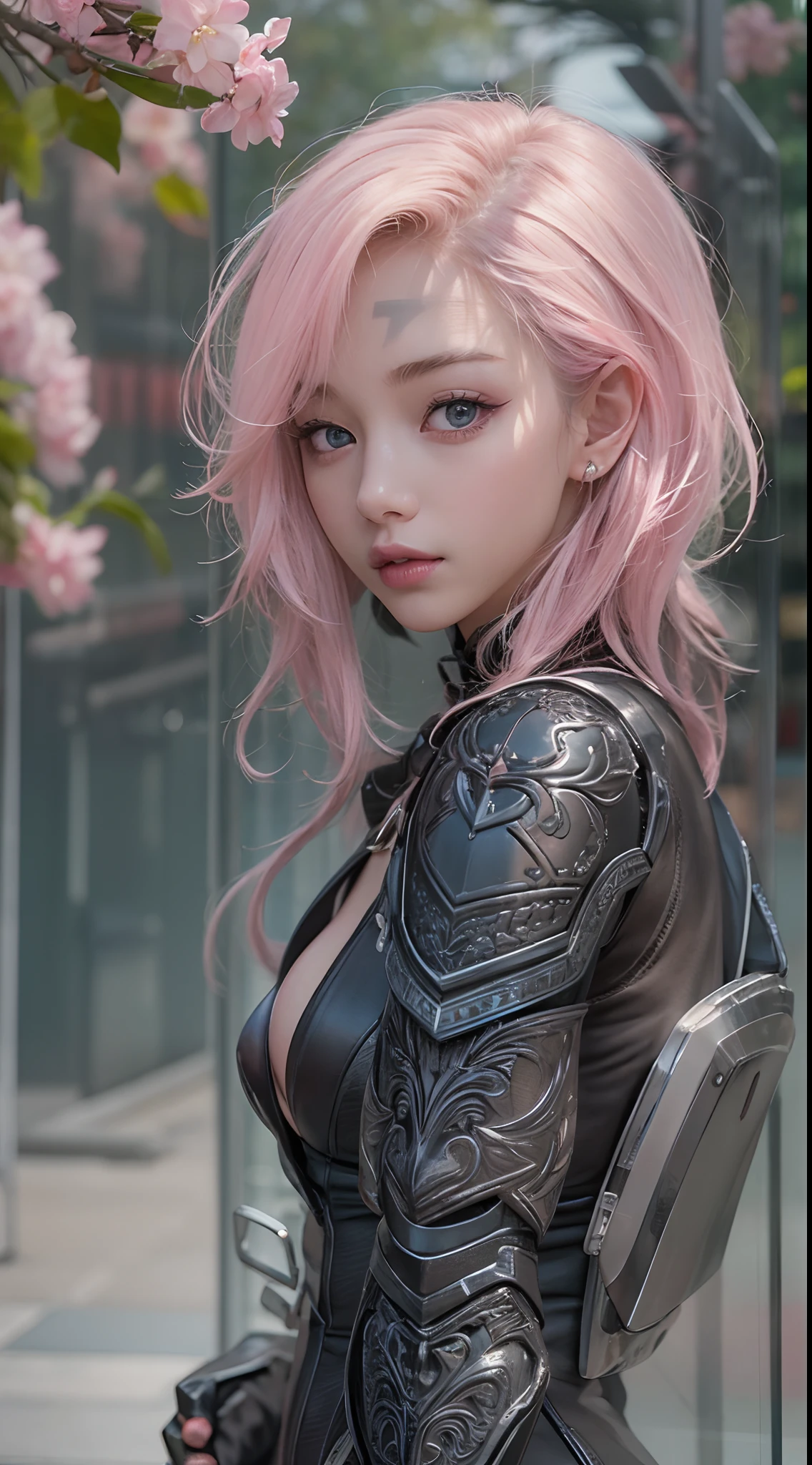 masterpiece, 1 beautiful girl, Detailed eye, Swollen eyes, top-quality, 超A high resolution, (reality: 1.4), 电影灯光, very extremely beautiful, Beautiful skins, A slender, Forward-facing body, (A hyper-realistic), (hight resolution), (8K), (ighly detailed), ( Best Illustration), (beautifully detailed eyes), (ultra-detailliert), 详细的脸, Bright lighting, Professional Lighting、the most beautiful and sexy cyberpunk girl, pink hair, blue eyes, dark african skin, wearing incredibly detailed futuristic cyberpunk battle armor, huge enormous gigantic nude tits and nipples exposed, tons of tattoos and piercings, in hyper futuristic city metropolis, cherry blossoms blowing in the wind, cinematic, incredibly perfect masterpiece, high quality, high resolution