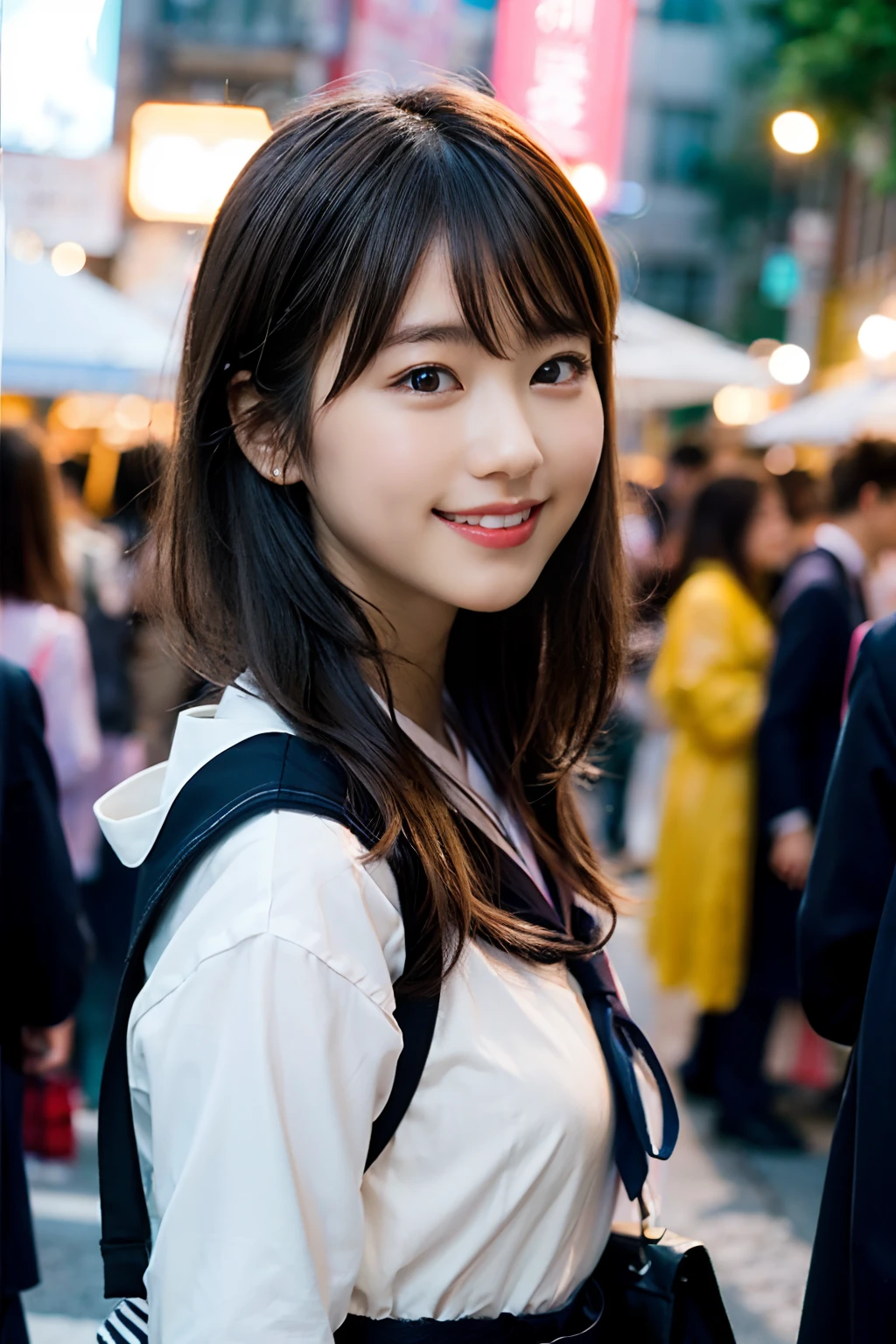 (8K、Raw photography、top-quality、​masterpiece:1.2)、(realisitic、Photorealsitic:1.37)、ultra-detailliert、超A high resolution、女の子1人、see the beholder、beautifull detailed face、A smile、Constriction、(Slim waist) :1.3)、Beautiful detailed skin、Skin Texture、Floating hair、Professional Lighting、Whole human body、Longhaire、a blond、japanese hight school uniform、a sailor suit、matsuri、In the street、sparklers、Bob Hair、Summer Festivals、food stand、Happy smile